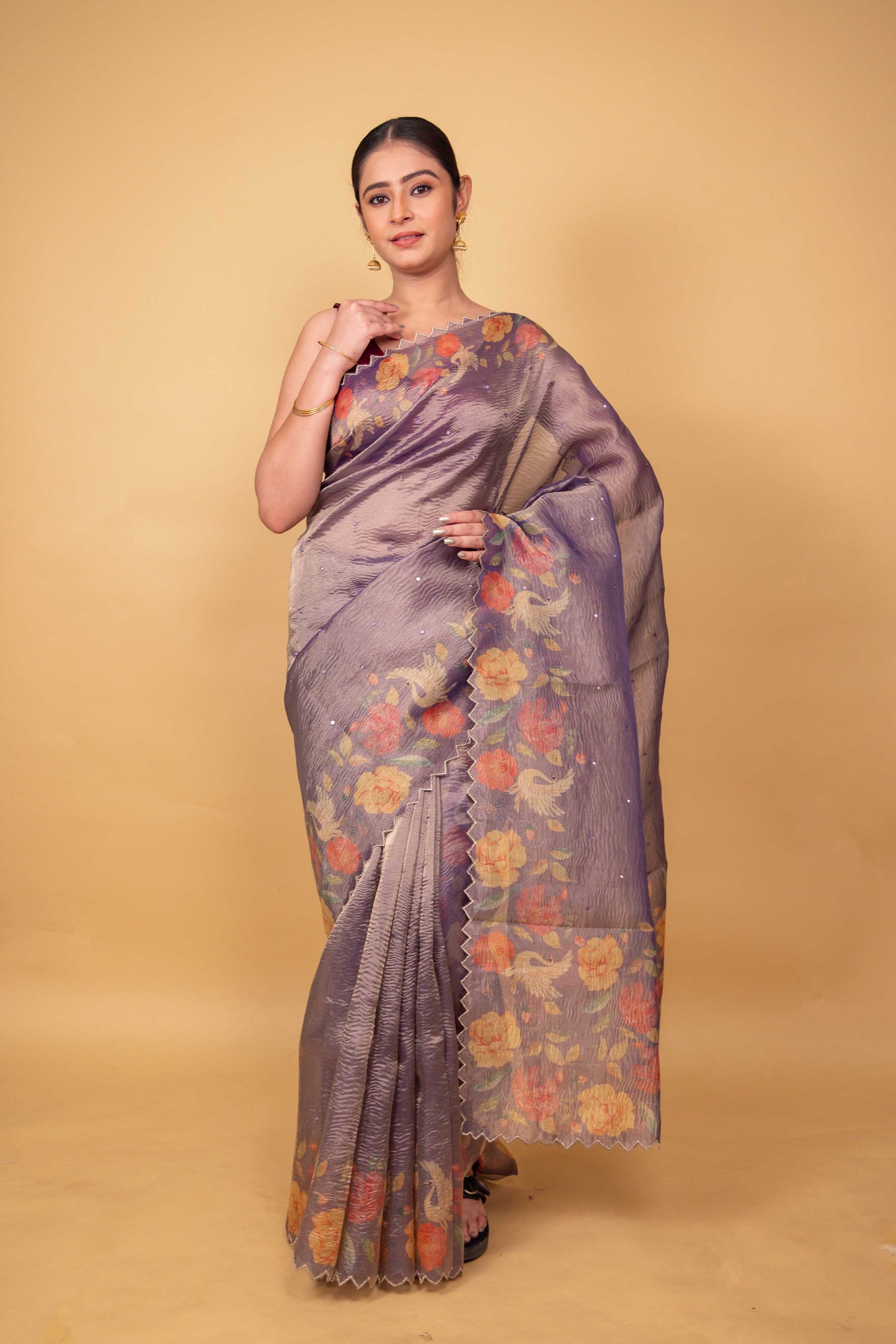 Lavender Floral Print Crushed Tissue Saree
