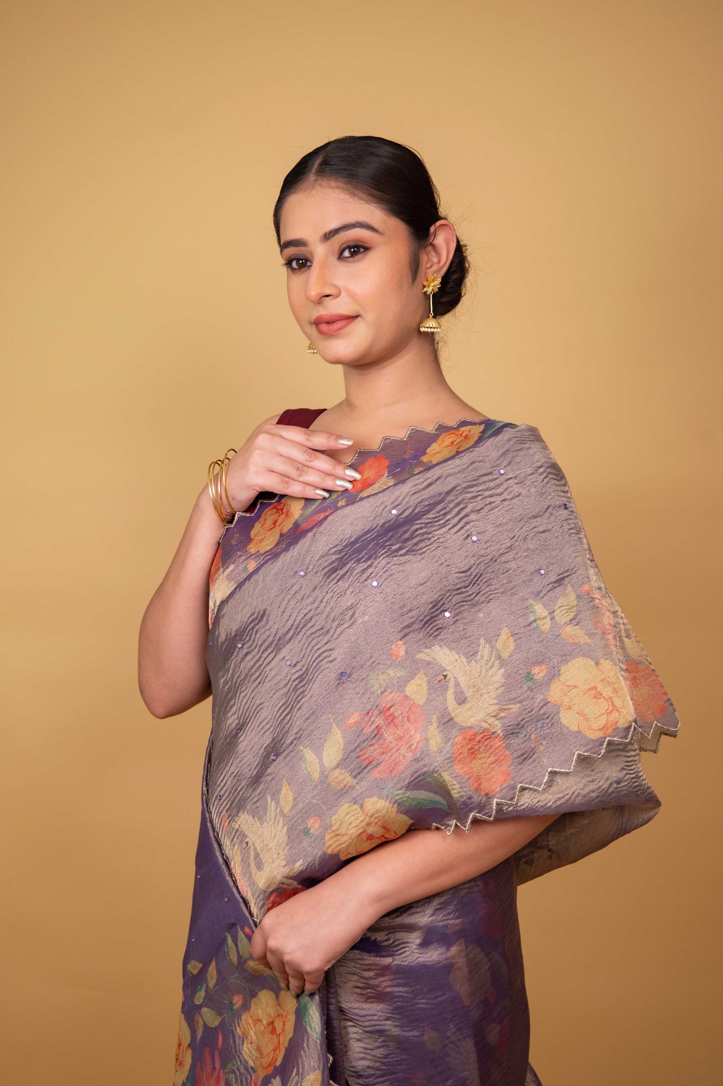 Lavender Floral Print Crushed Tissue Saree