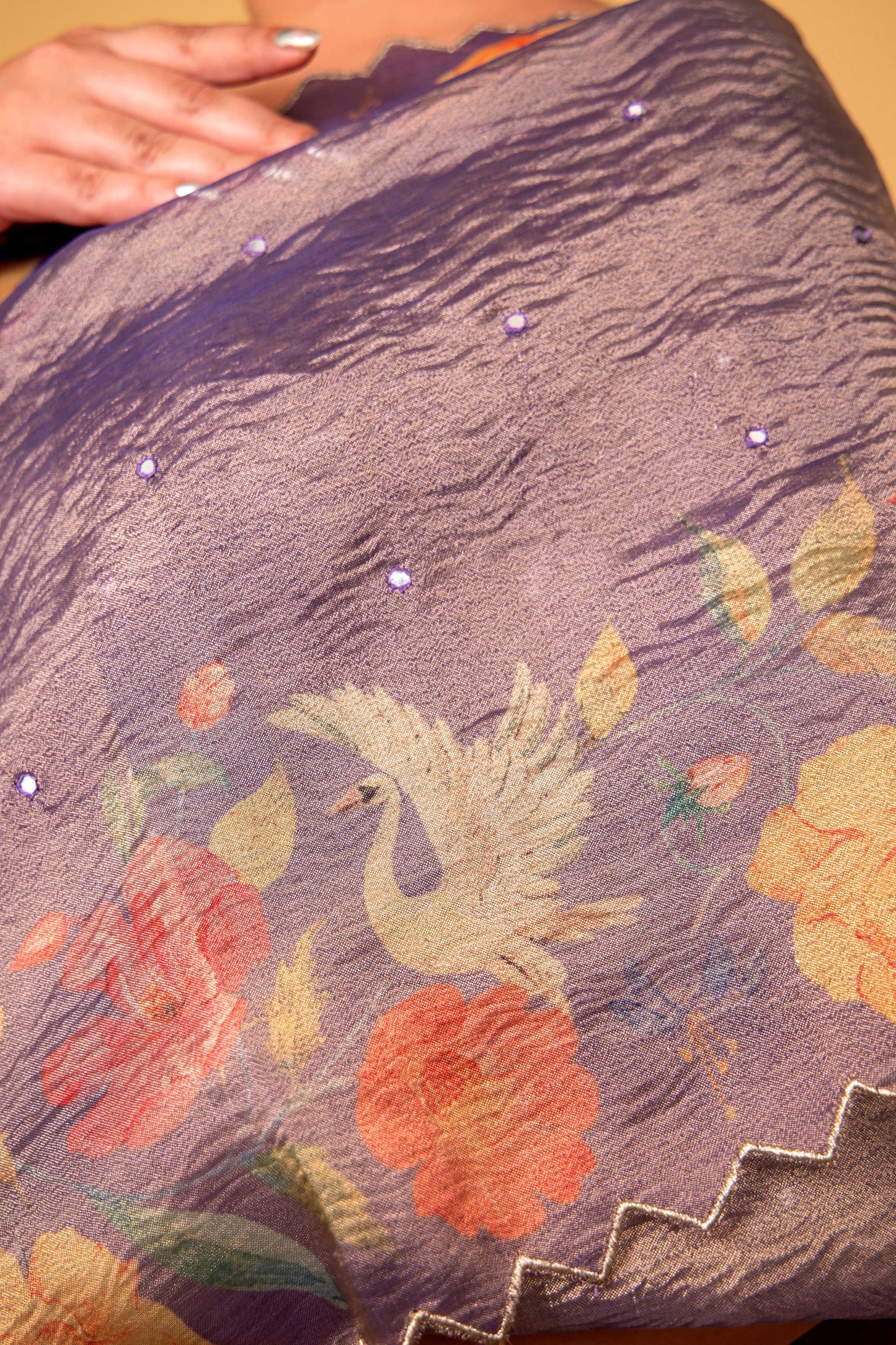 Lavender Floral Print Crushed Tissue Saree