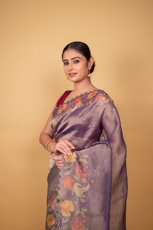Lavender Floral Print Crushed Tissue Saree