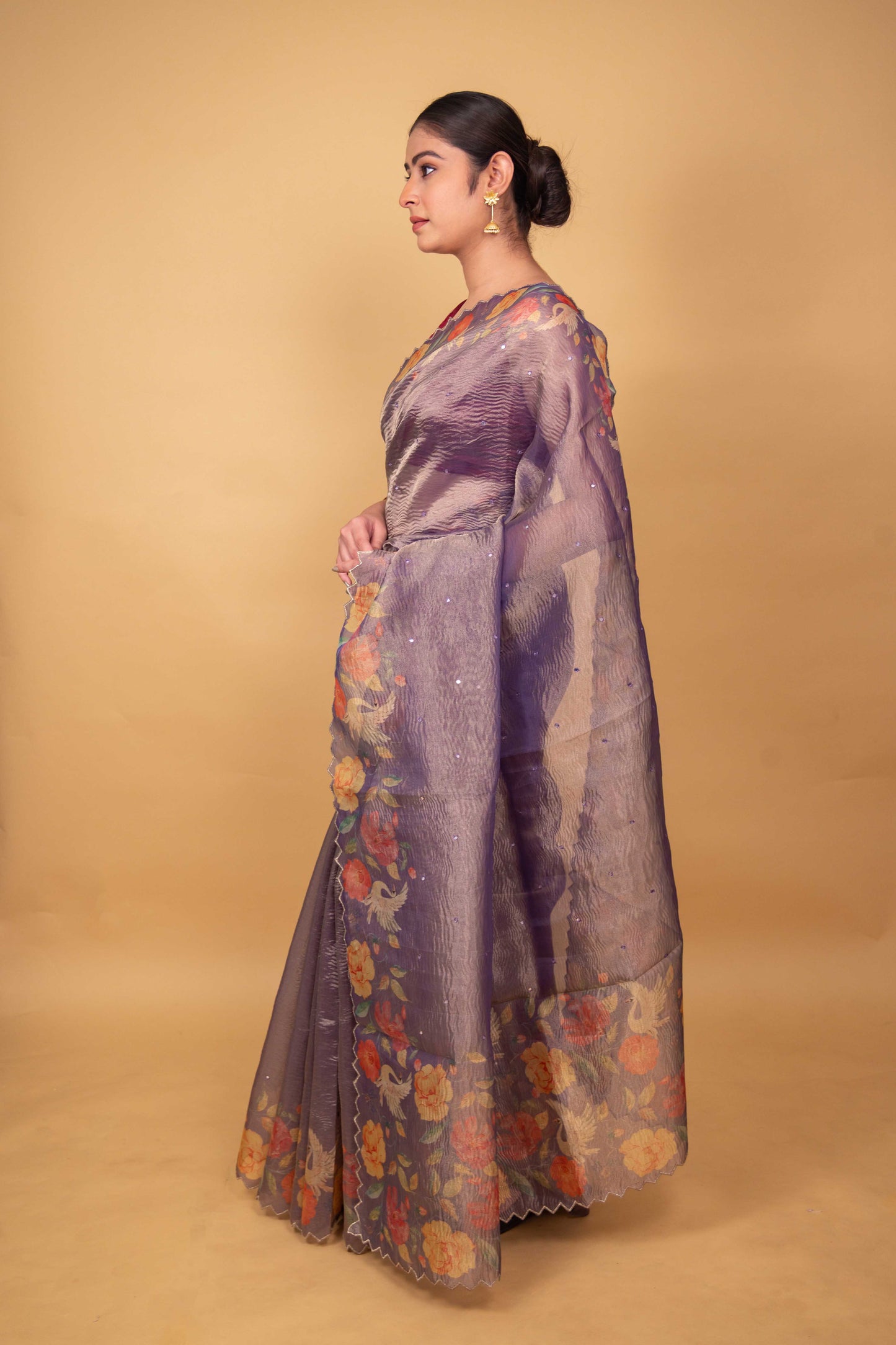 Lavender Floral Print Crushed Tissue Saree