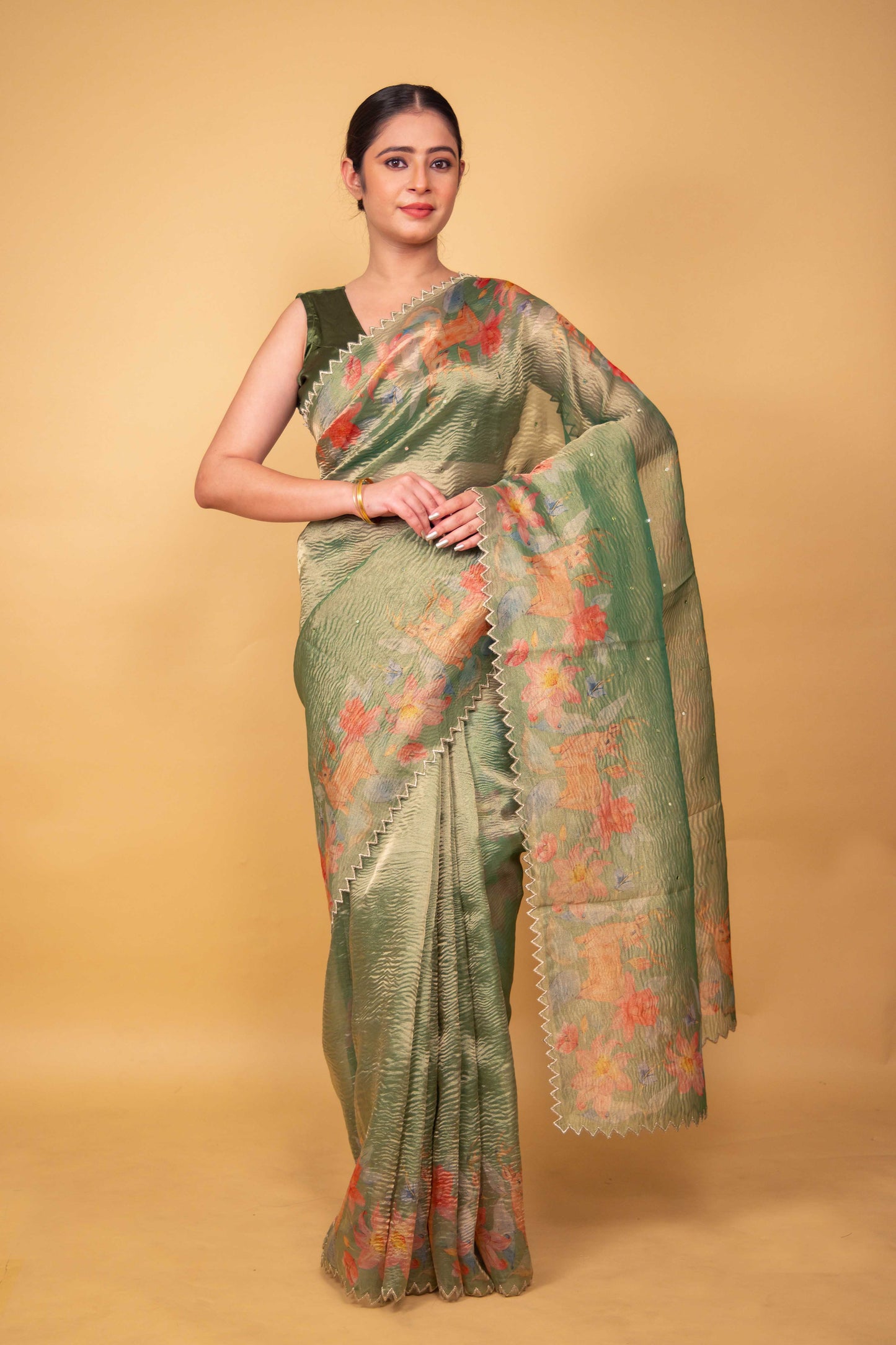 Pista Green Floral Print Crushed Tissue Saree