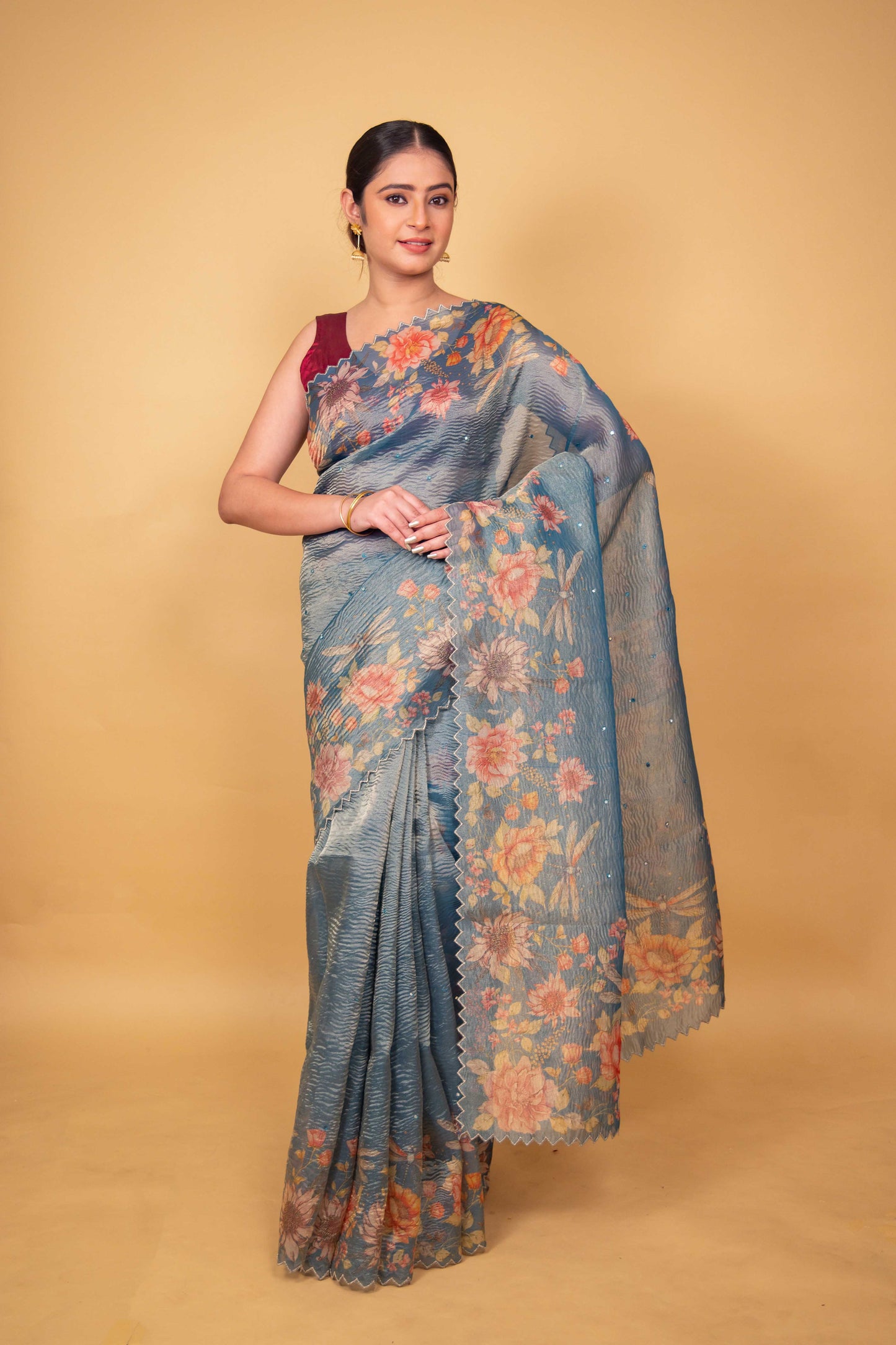Blue Floral Print Crushed Tissue Saree
