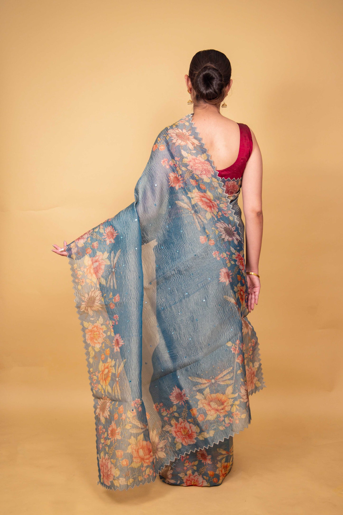 Blue Floral Print Crushed Tissue Saree