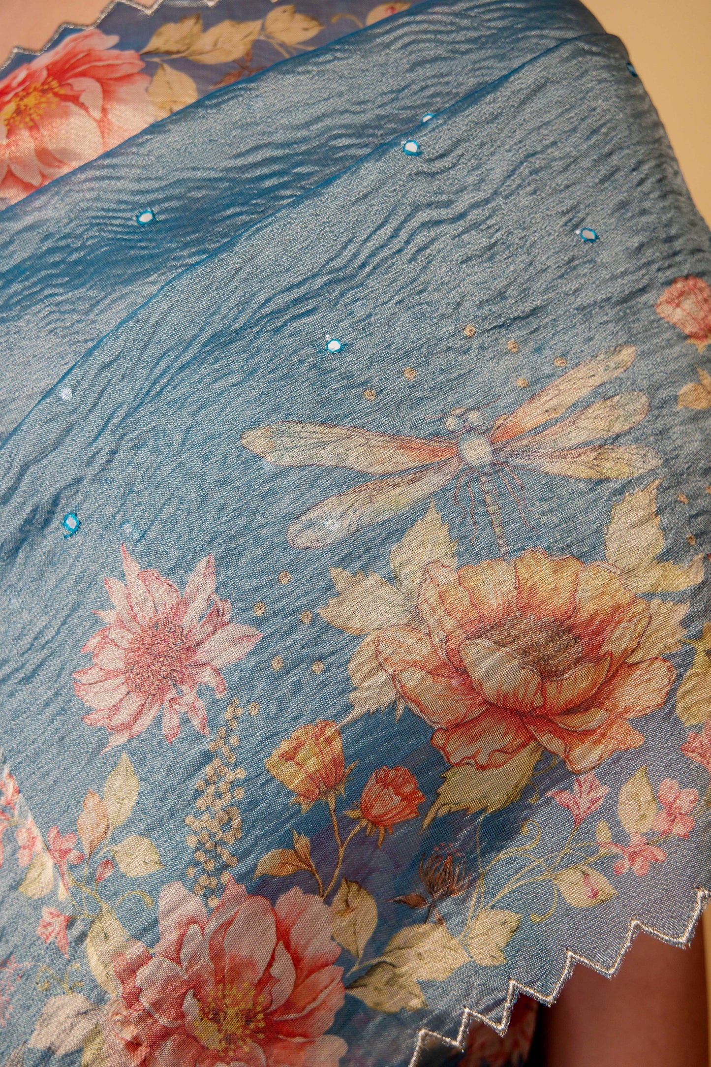 Blue Floral Print Crushed Tissue Saree