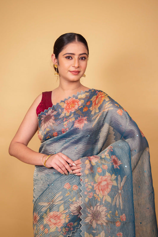 Blue Floral Print Crushed Tissue Saree