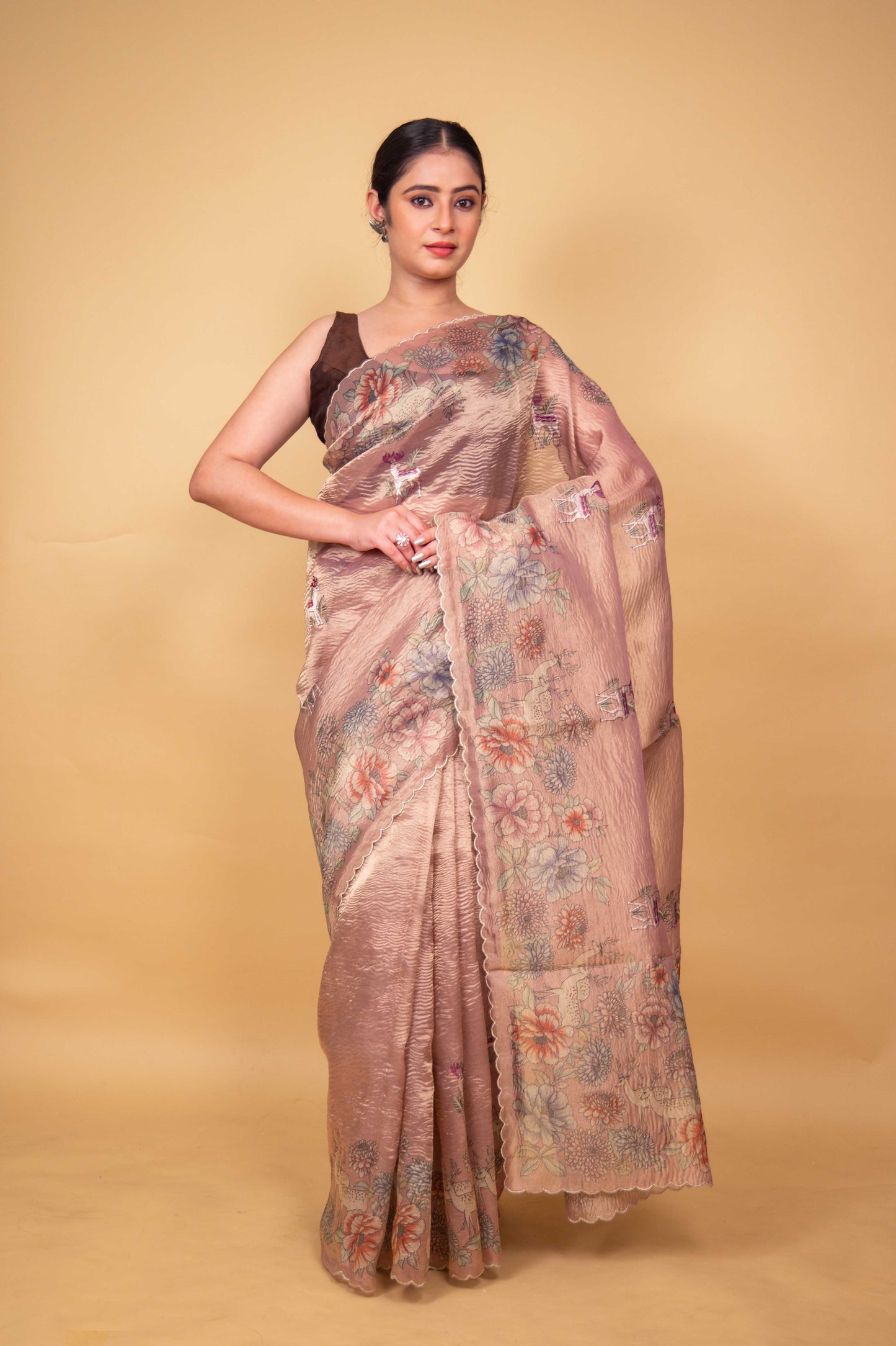 Pink Floral Print Embellished Crushed Tissue Saree