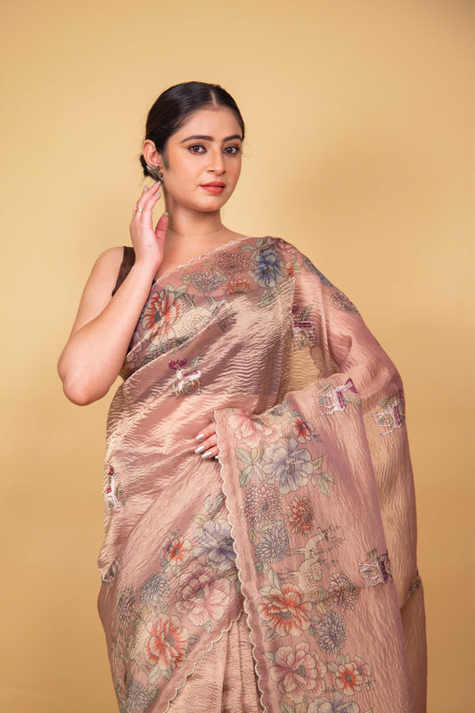 Pink Floral Print Embellished Crushed Tissue Saree
