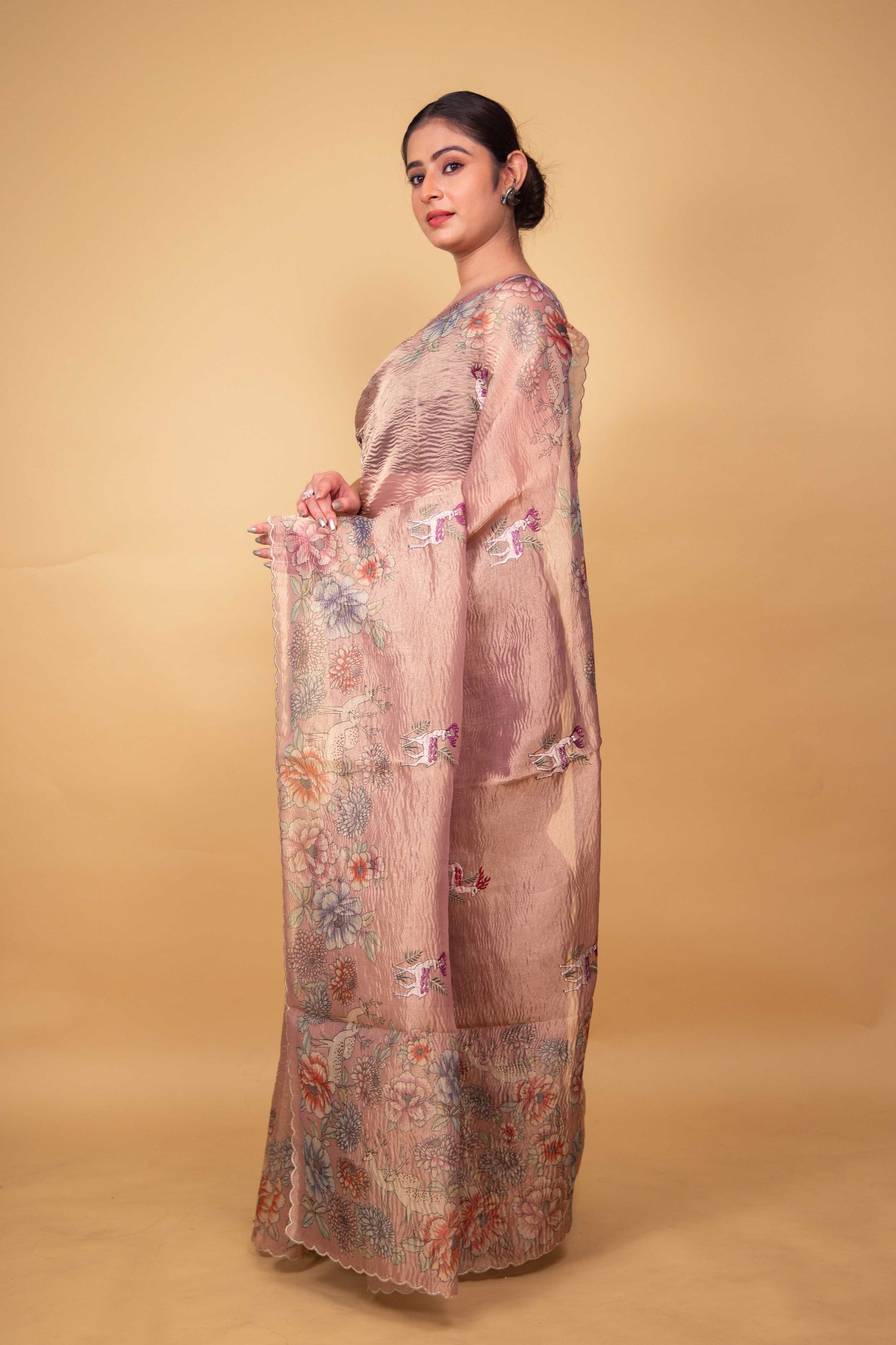 Pink Floral Print Embellished Crushed Tissue Saree