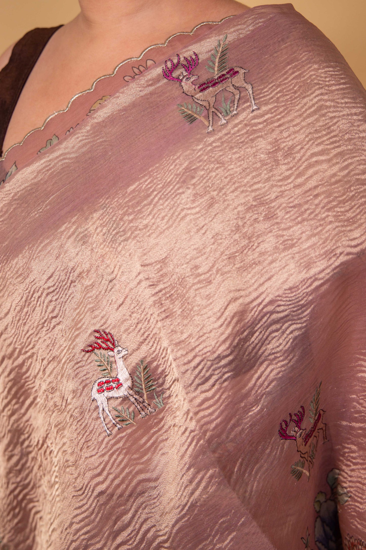 Pink Floral Print Embellished Crushed Tissue Saree