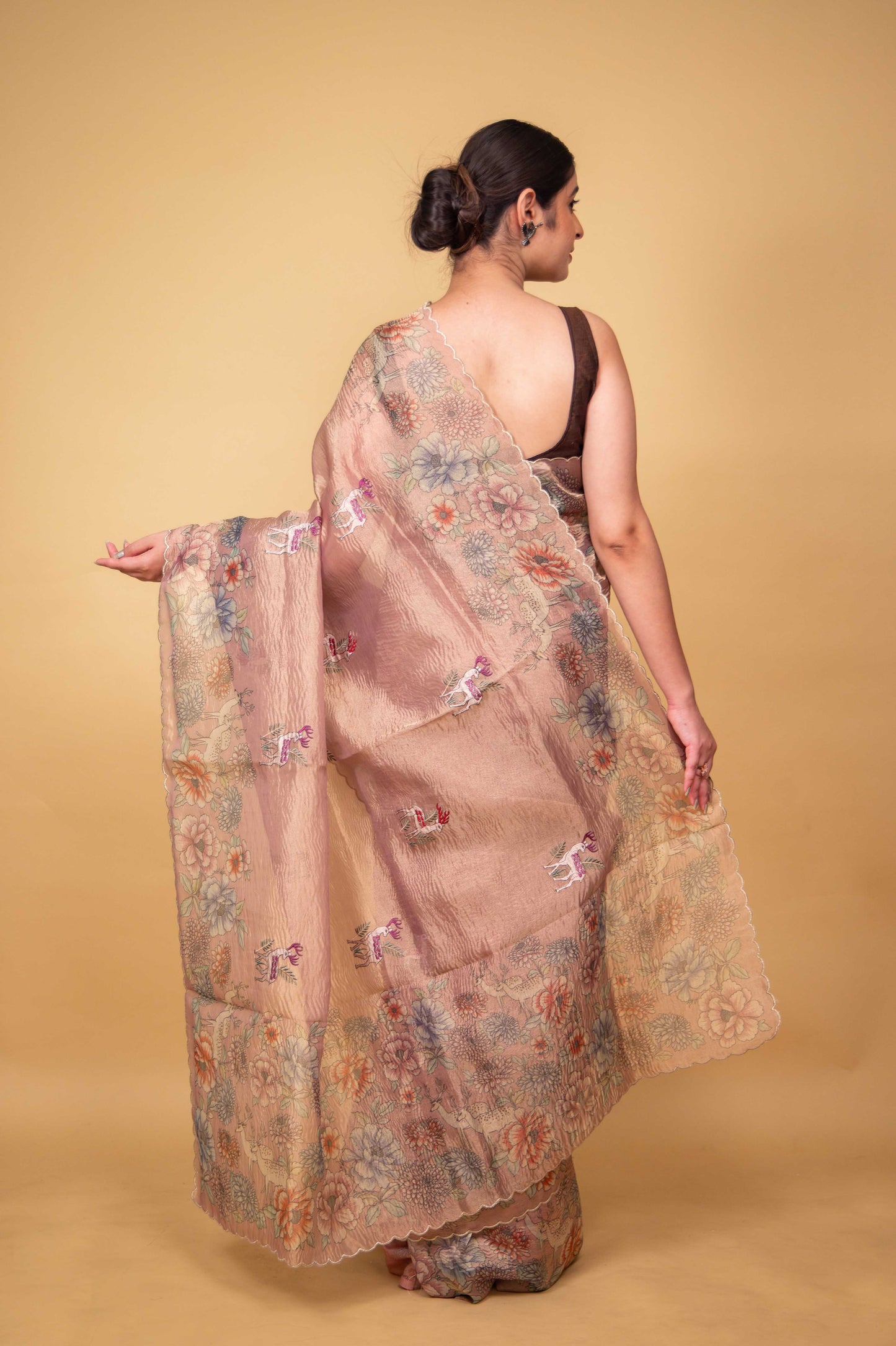 Pink Floral Print Embellished Crushed Tissue Saree