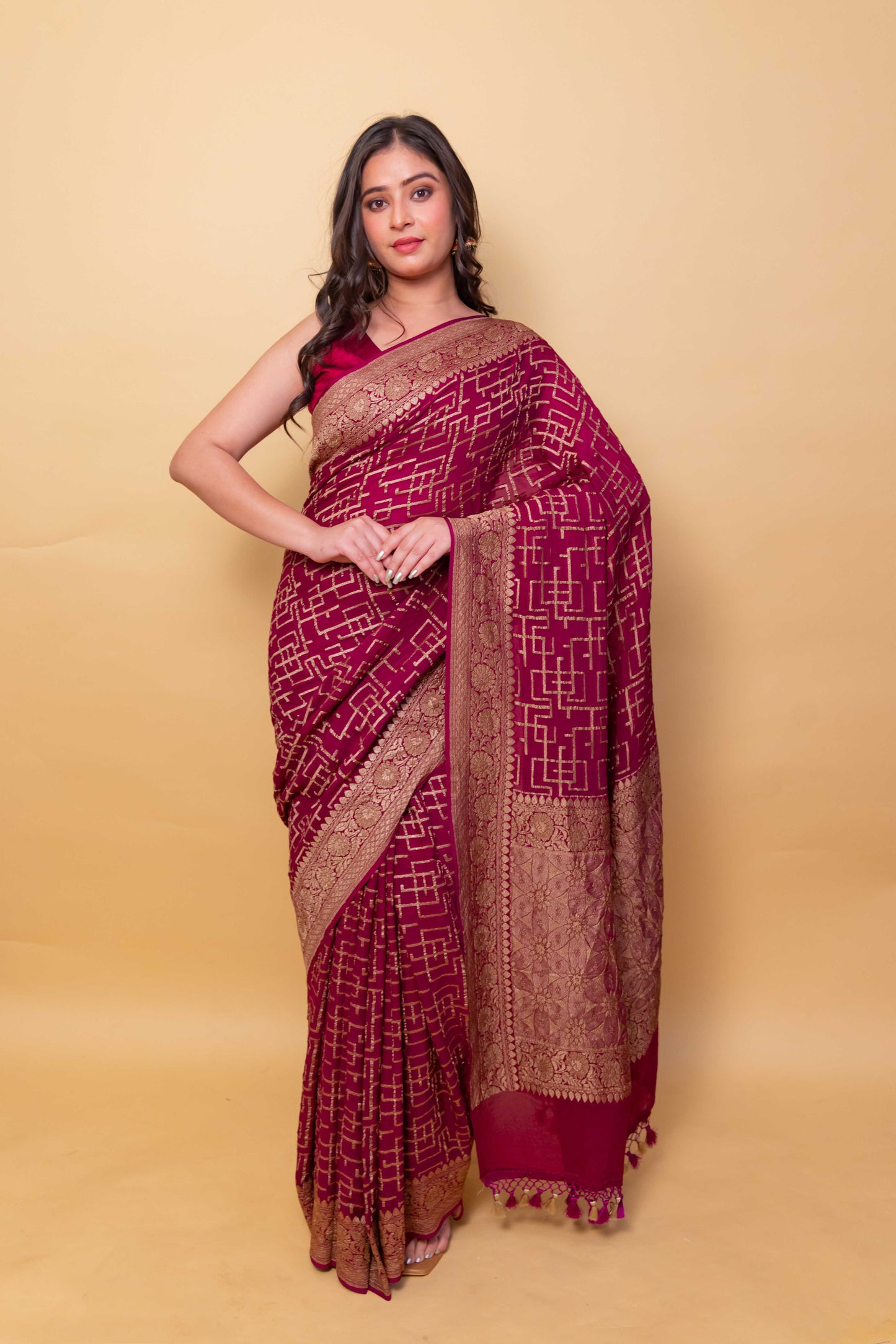 Wine Abstract Khaddi Banarasi Georgette Silk Saree