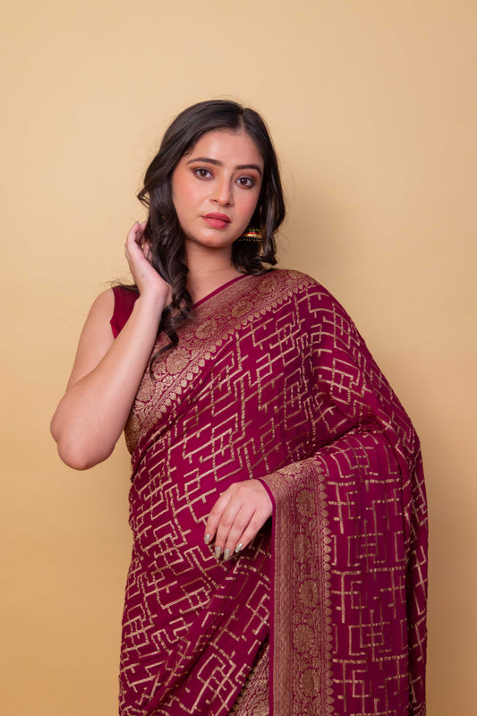 Wine Abstract Khaddi Banarasi Georgette Silk Saree