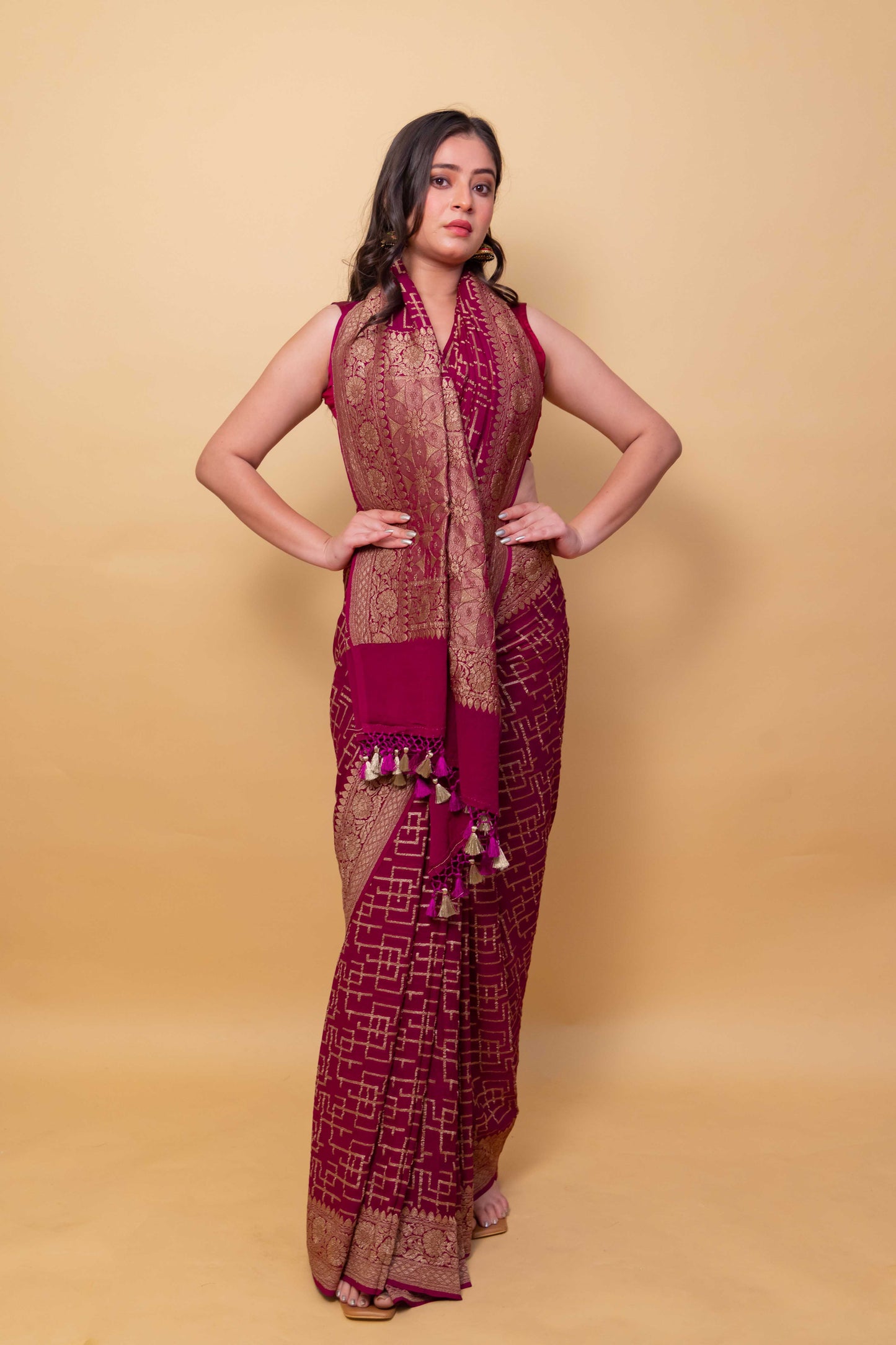 Wine Abstract Khaddi Banarasi Georgette Silk Saree