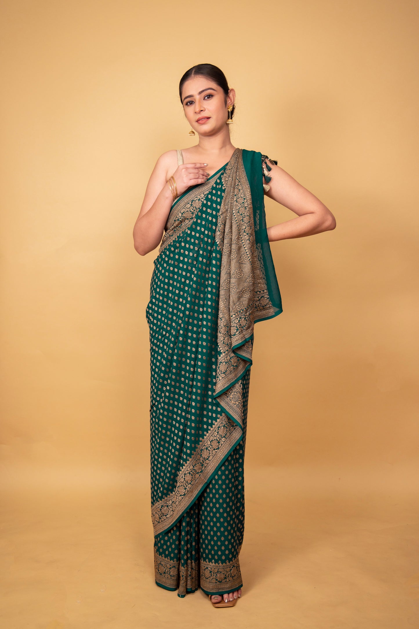 Bottle Green Khaddi Banarasi Georgette Silk Saree