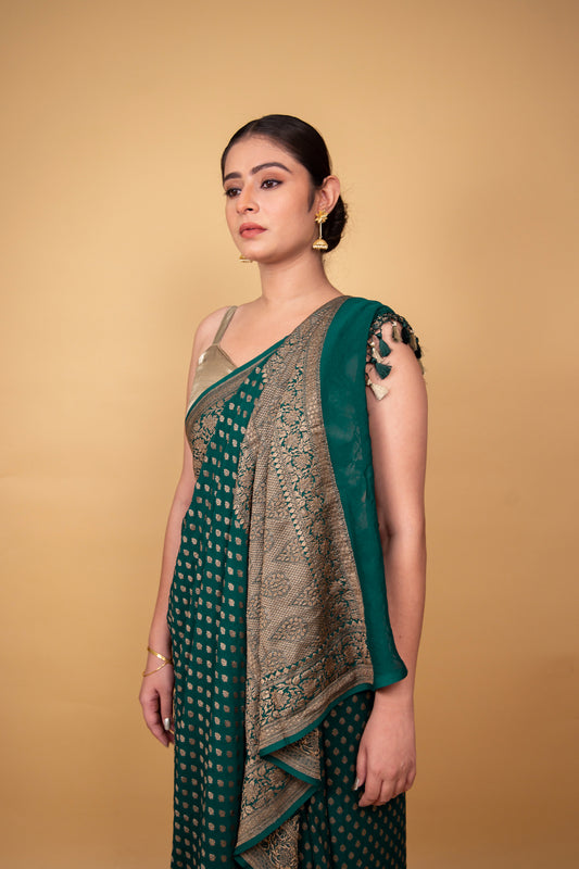 Bottle Green Khaddi Banarasi Georgette Silk Saree