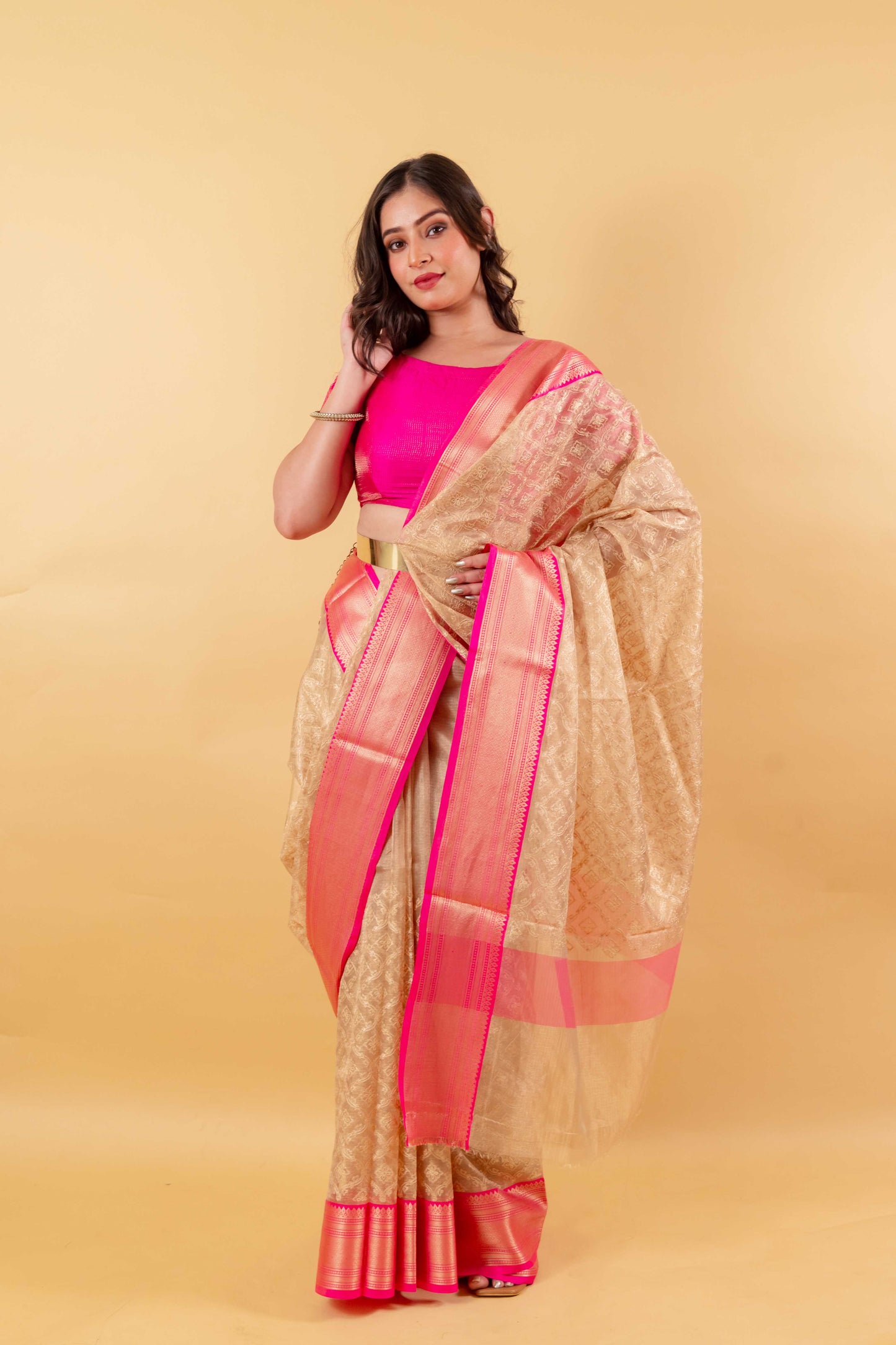 Pink & Beige Embroidered Tissue Banarasi Silk Saree