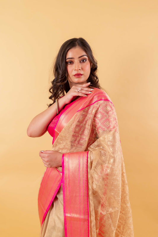 Pink & Beige Embroidered Tissue Banarasi Silk Saree