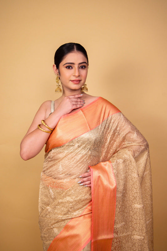 Peach & Beige Embroidered Tissue Banarasi Silk Saree
