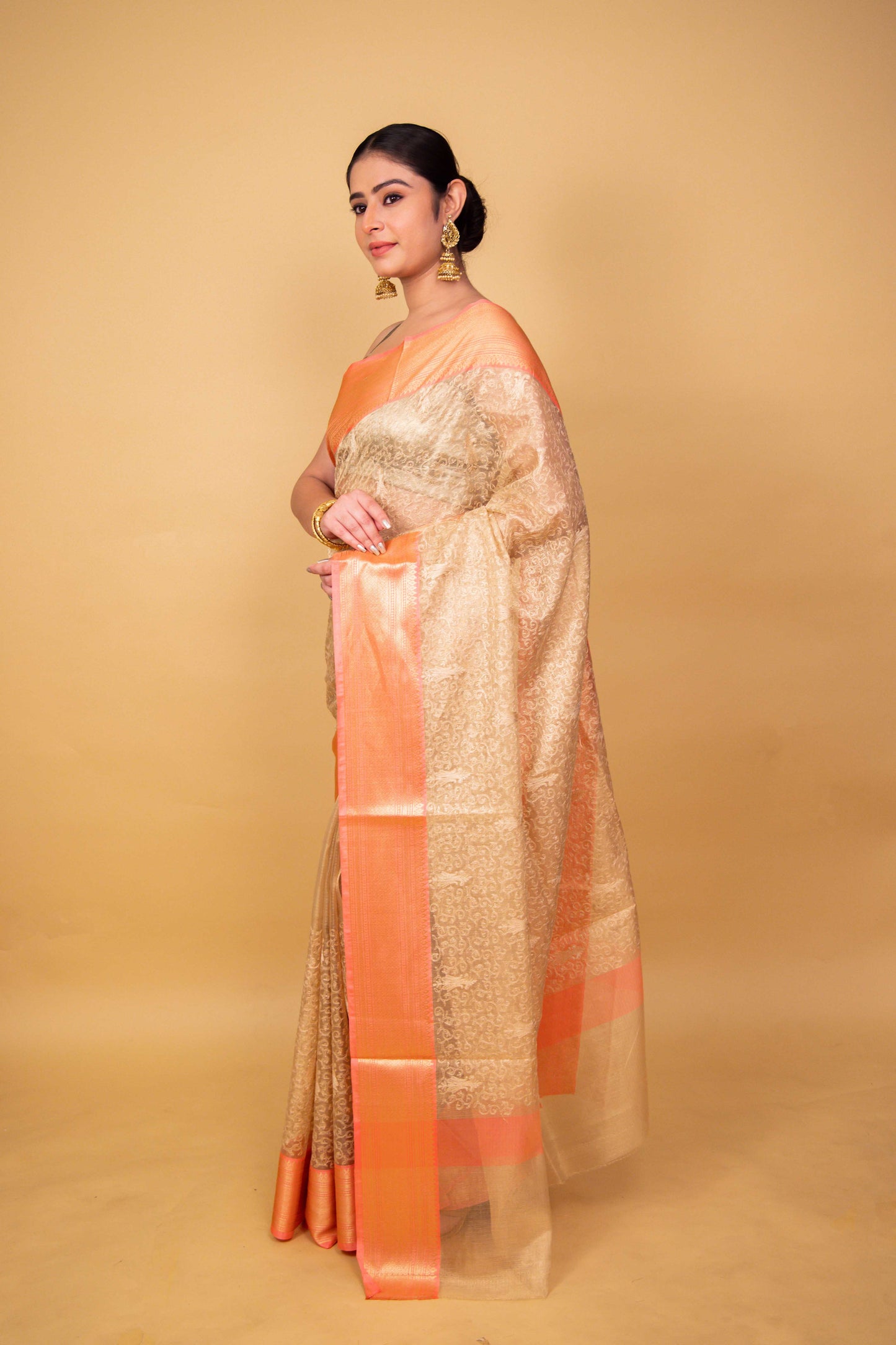 Peach & Beige Embroidered Tissue Banarasi Silk Saree