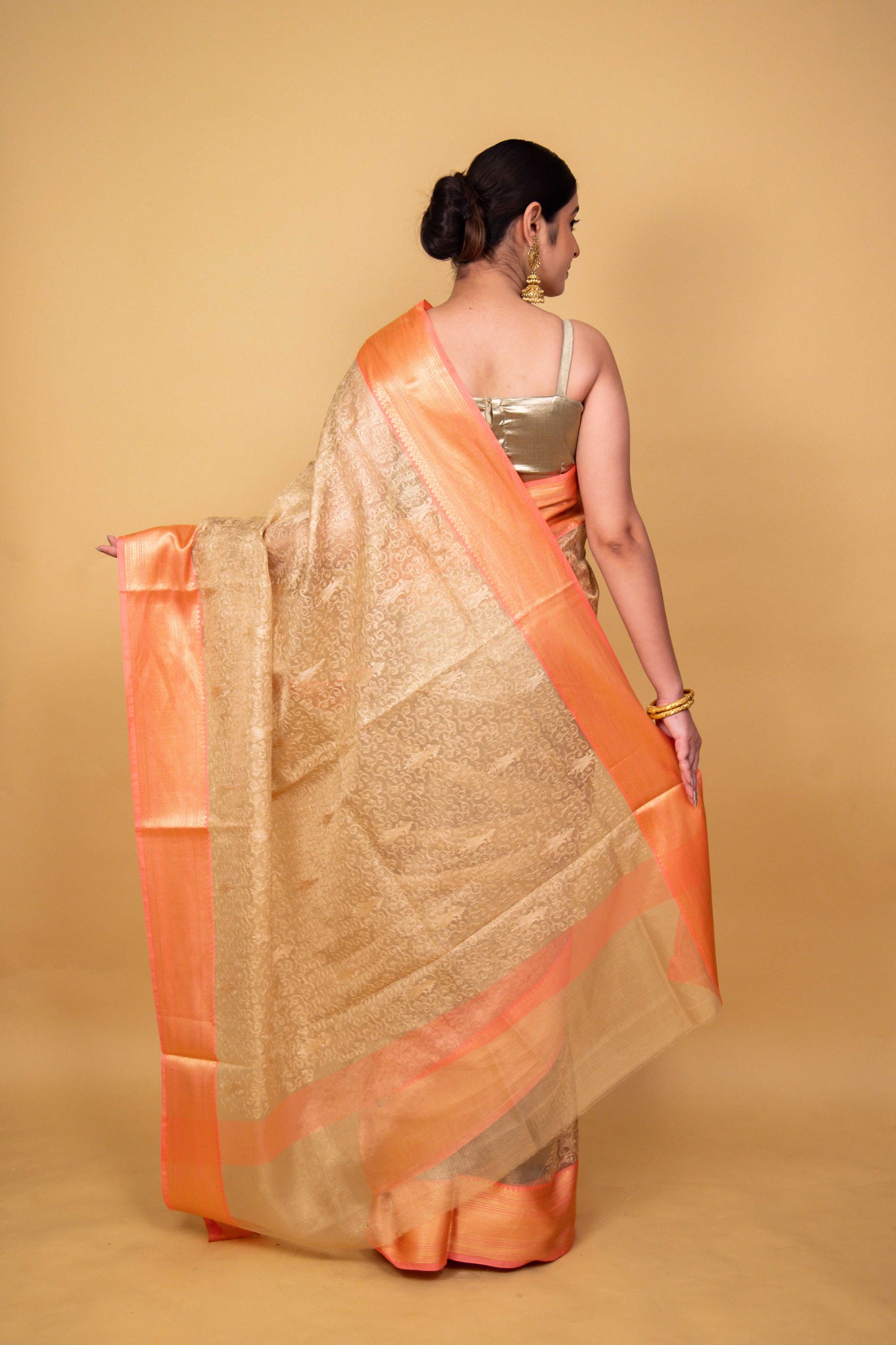 Peach & Beige Embroidered Tissue Banarasi Silk Saree