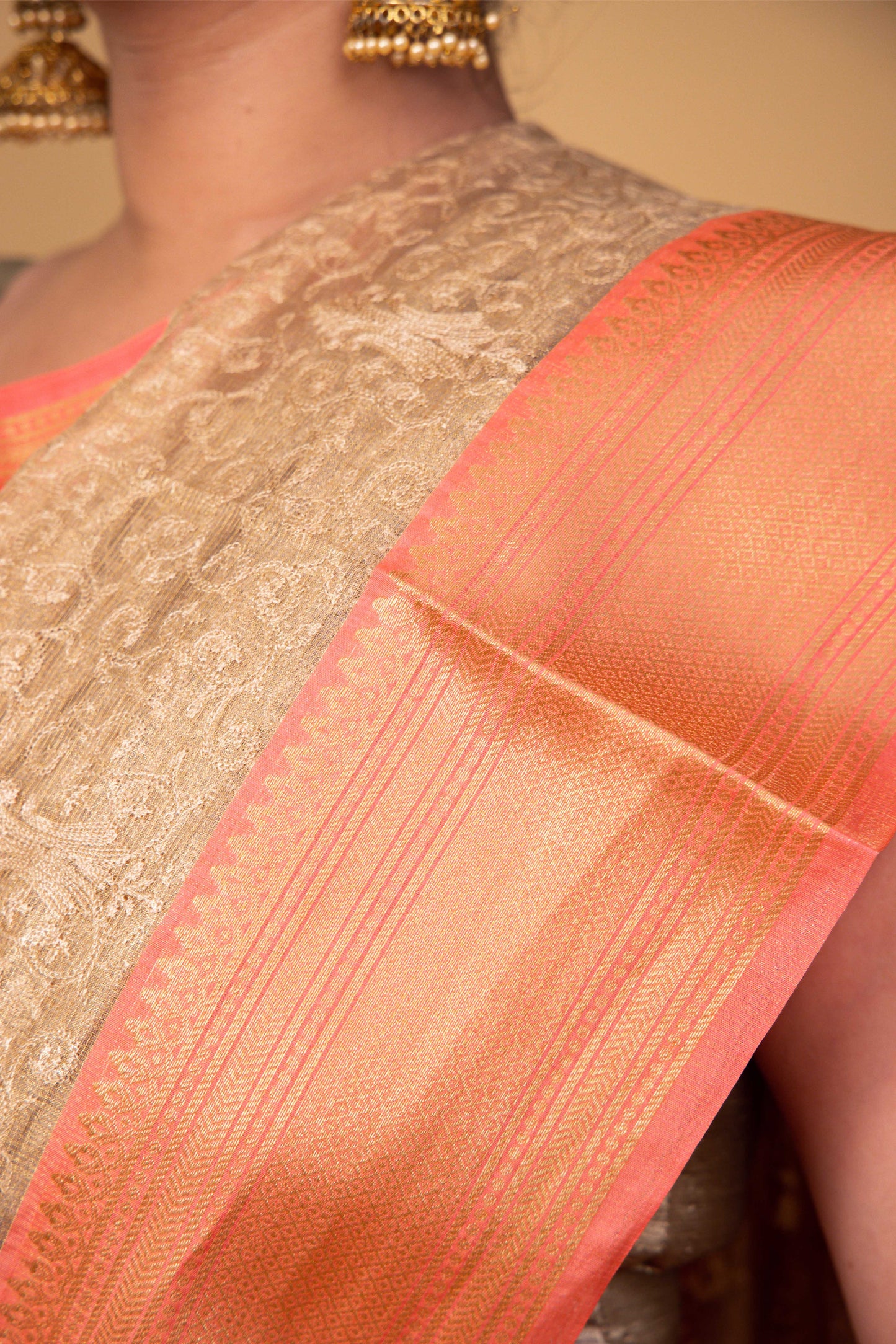Peach & Beige Embroidered Tissue Banarasi Silk Saree
