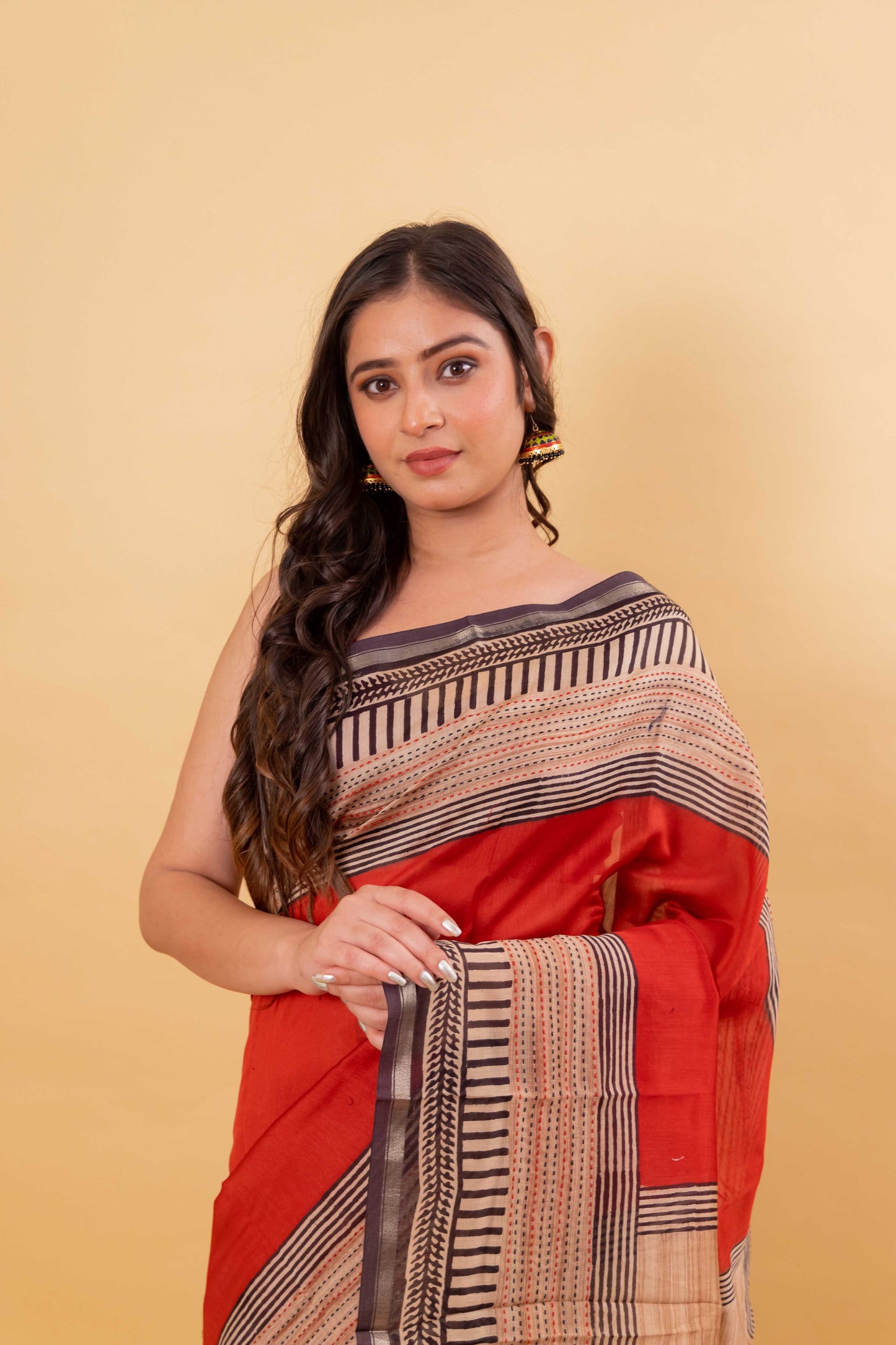 Red Printed & Katha Work Chanderi Silk Saree
