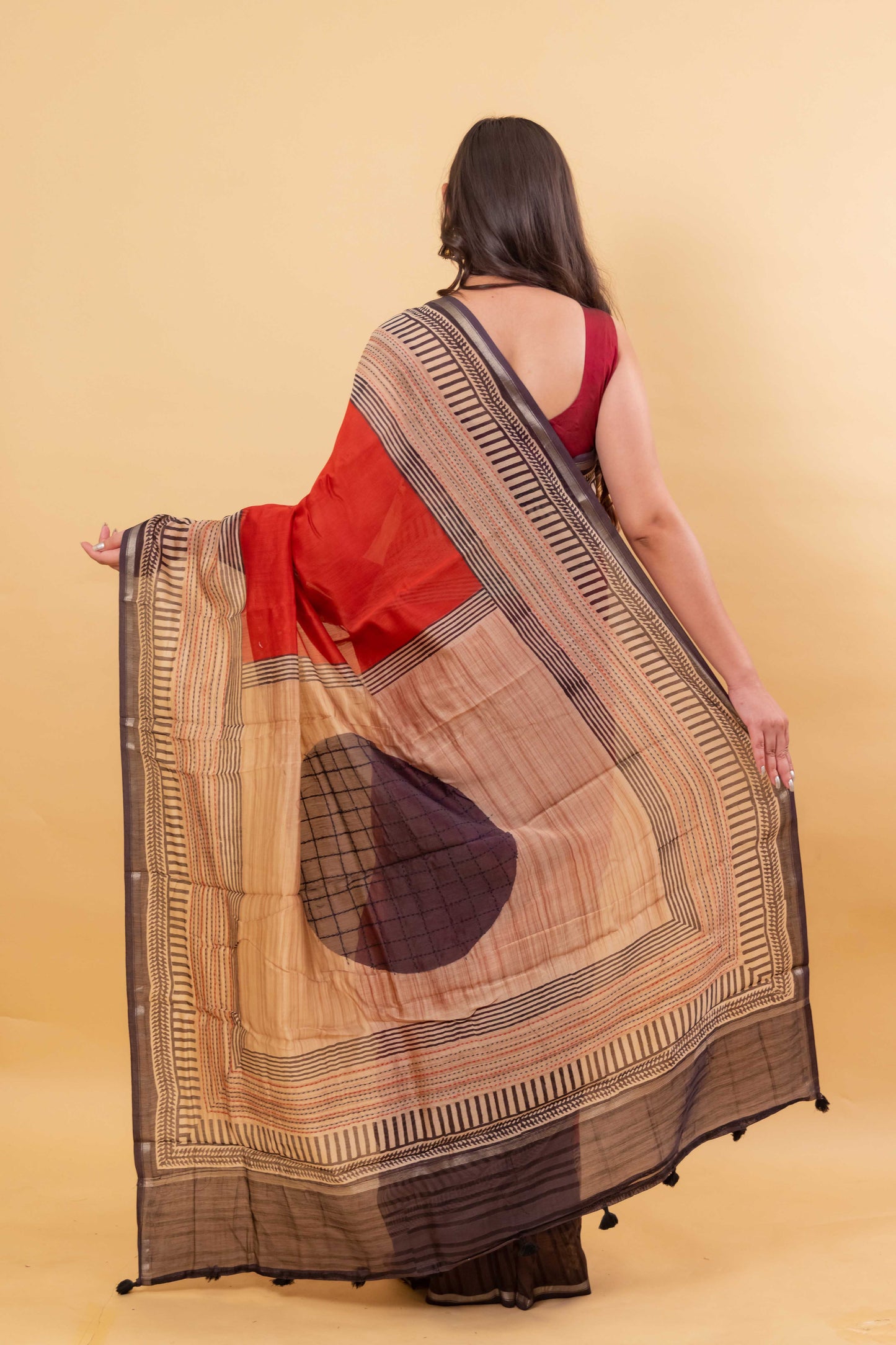 Red Printed & Katha Work Chanderi Silk Saree