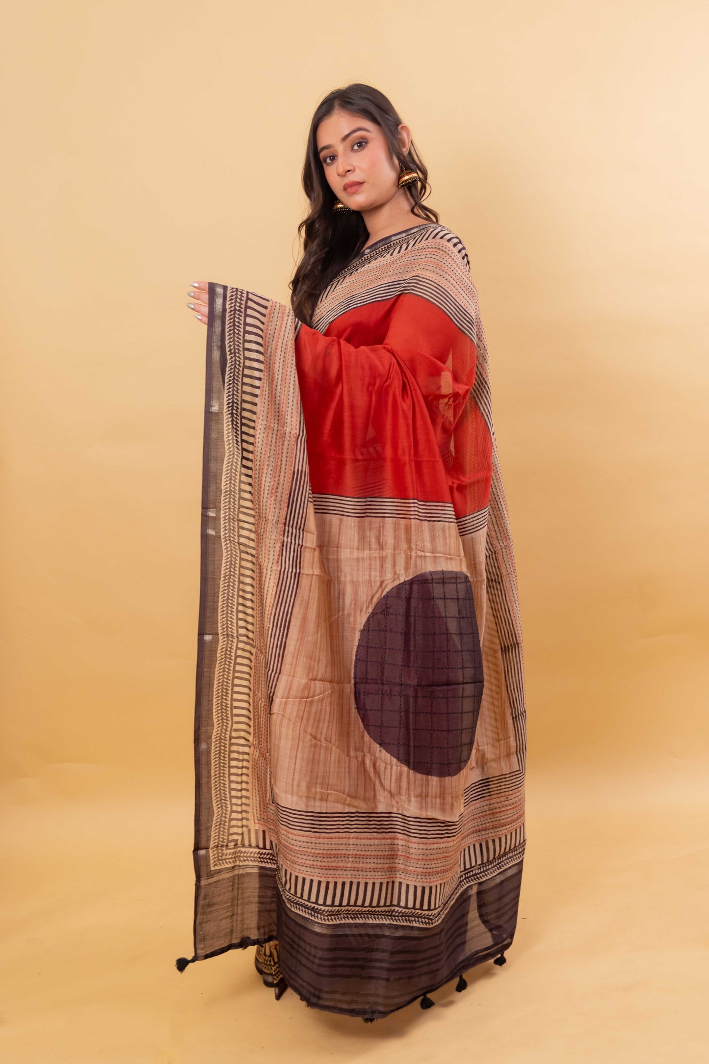 Red Printed & Katha Work Chanderi Silk Saree
