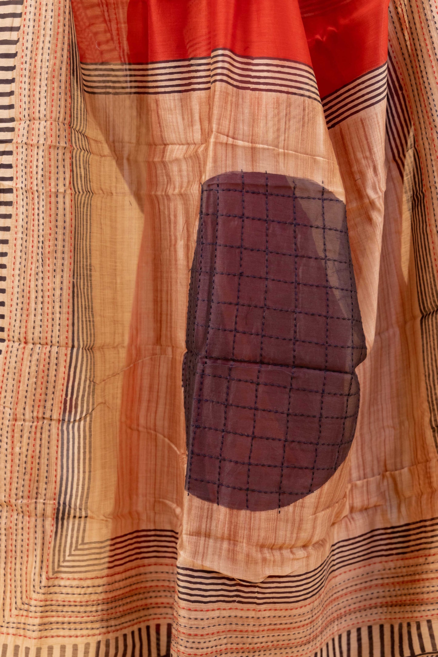 Red Printed & Katha Work Chanderi Silk Saree