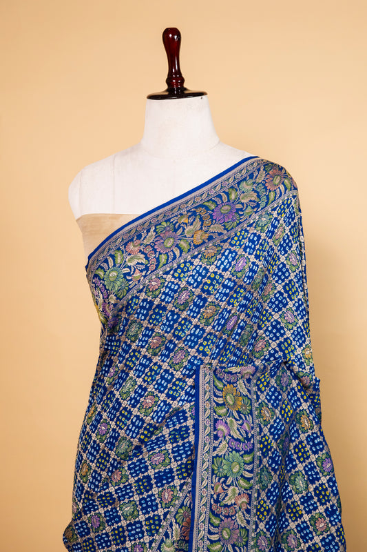 Royal Blue Floral Bandhani Georgette Silk Saree