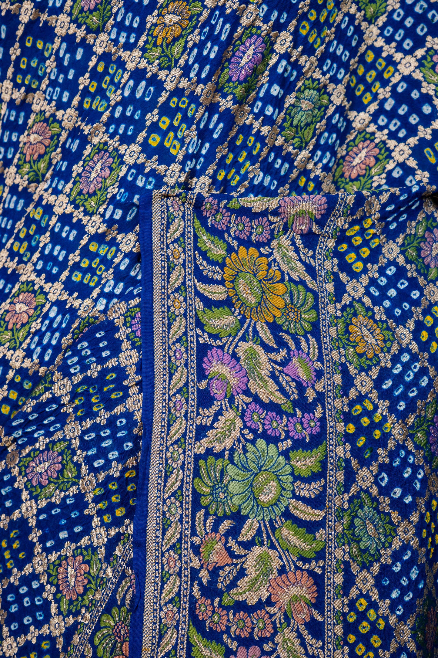 Royal Blue Floral Bandhani Georgette Silk Saree