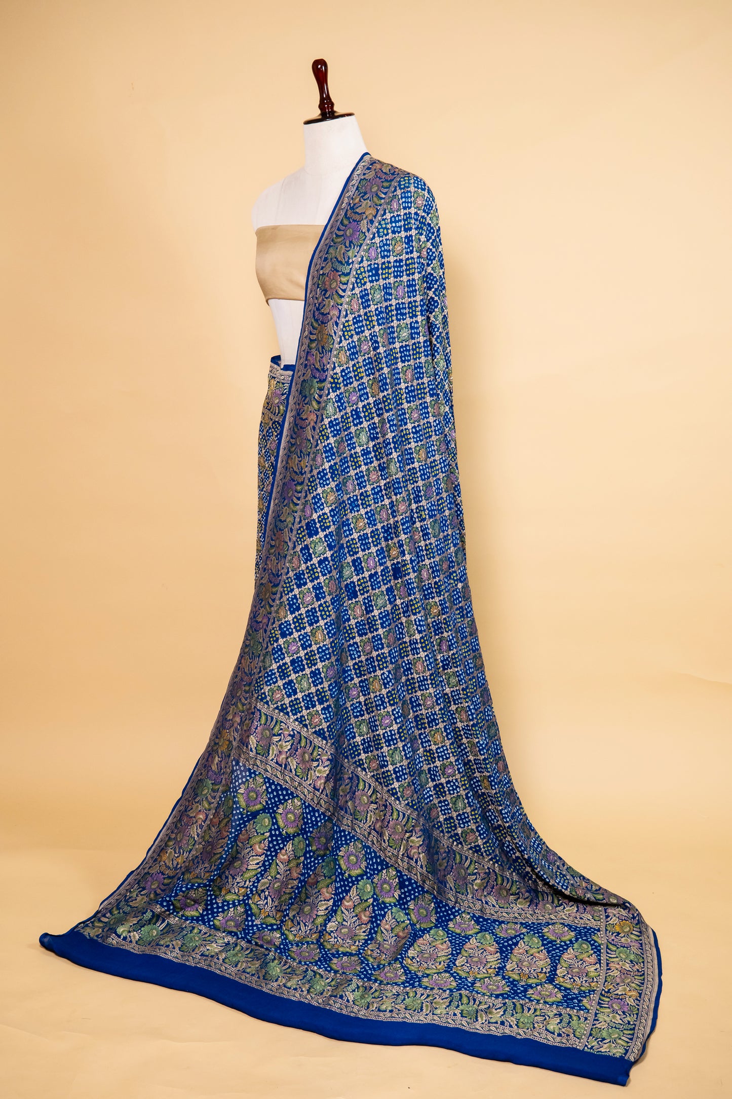 Royal Blue Floral Bandhani Georgette Silk Saree