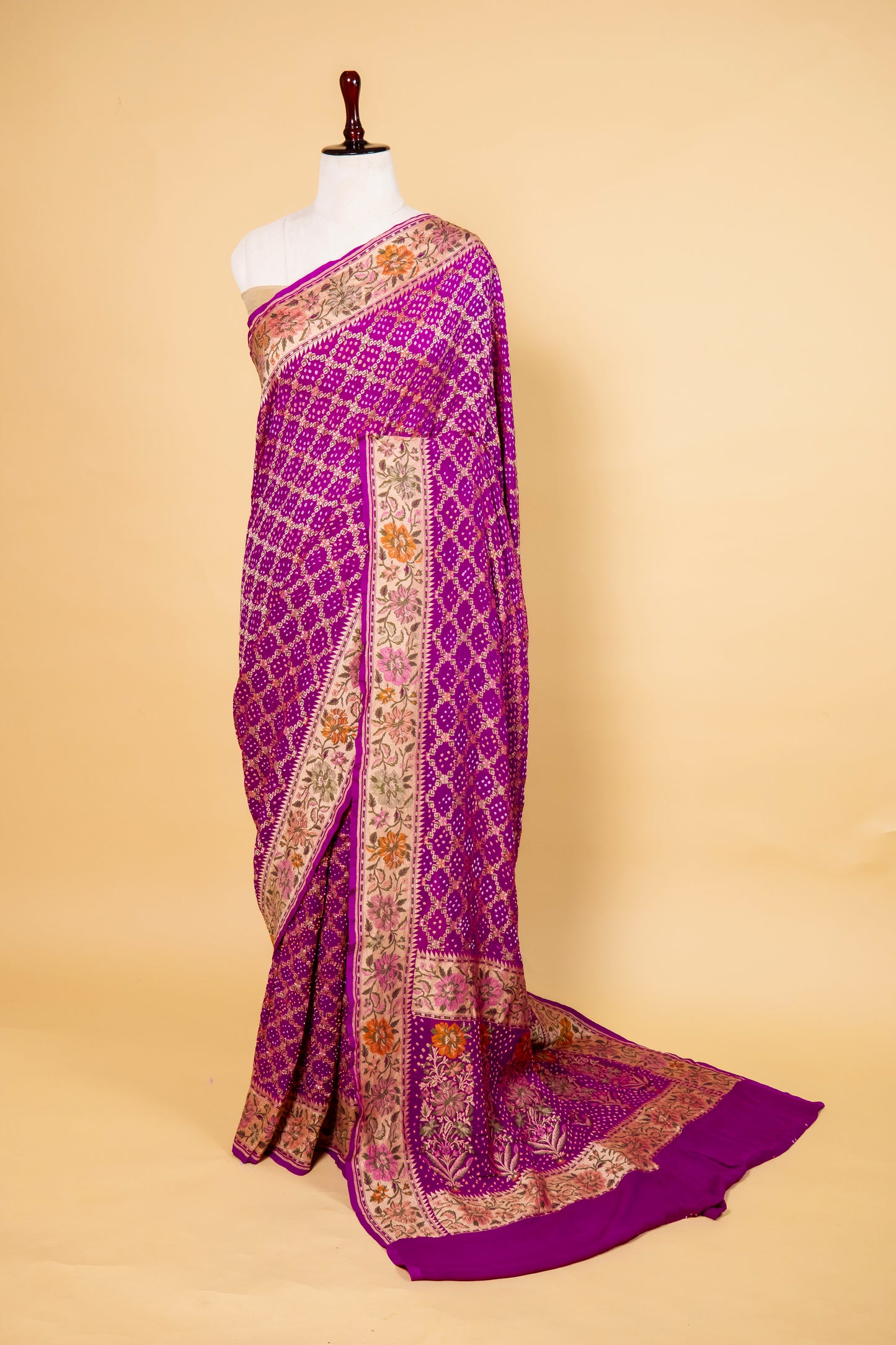 Magenta Floral Bandhani Georgette Silk Saree