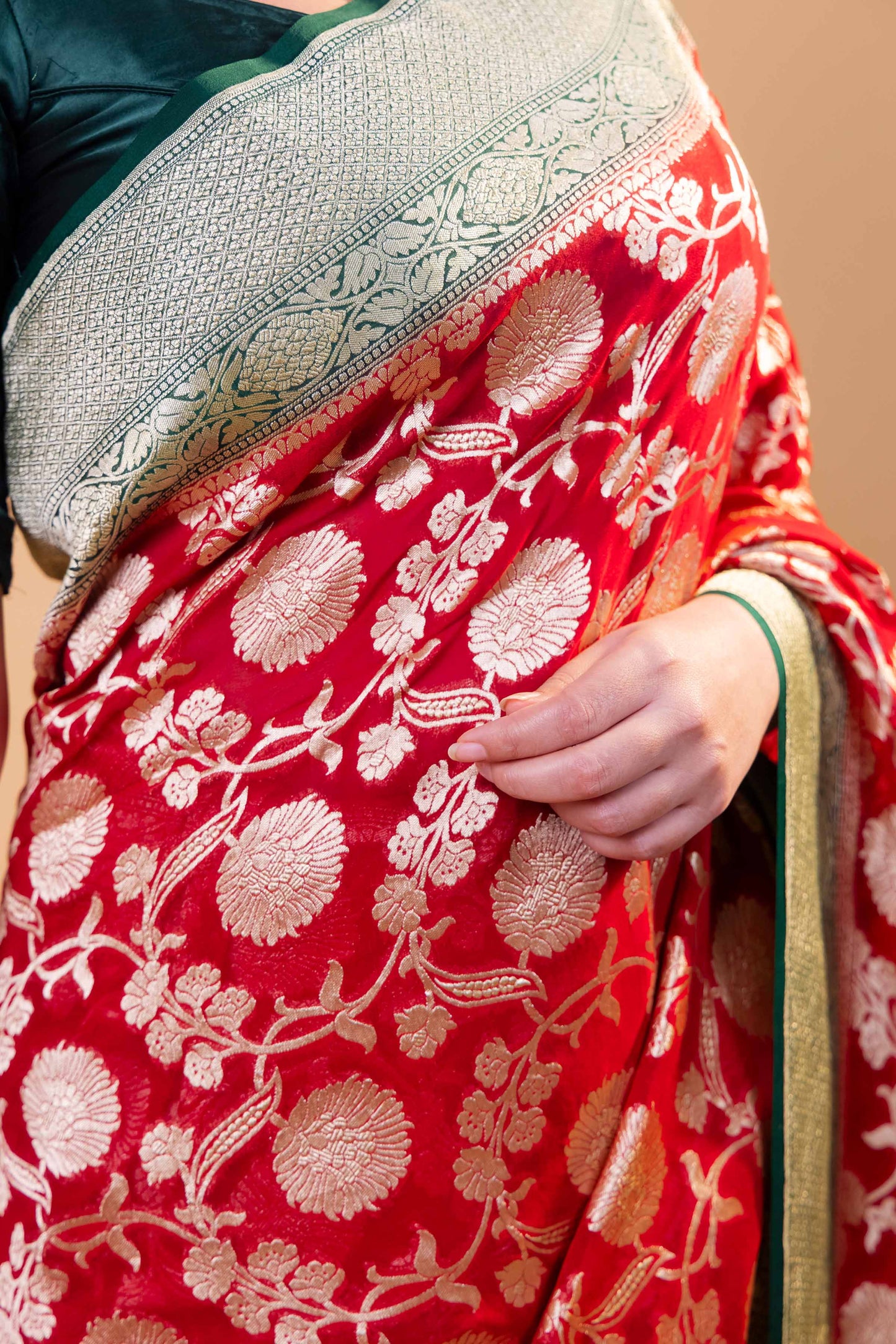 Red & Green Floral Khaddi Georgette Silk Saree