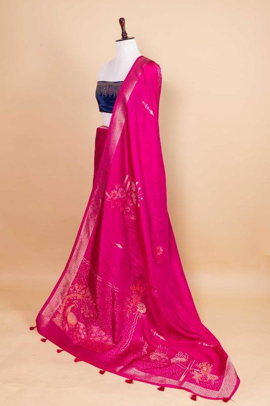 Rani Pink Zari Woven Russain Silk Saree