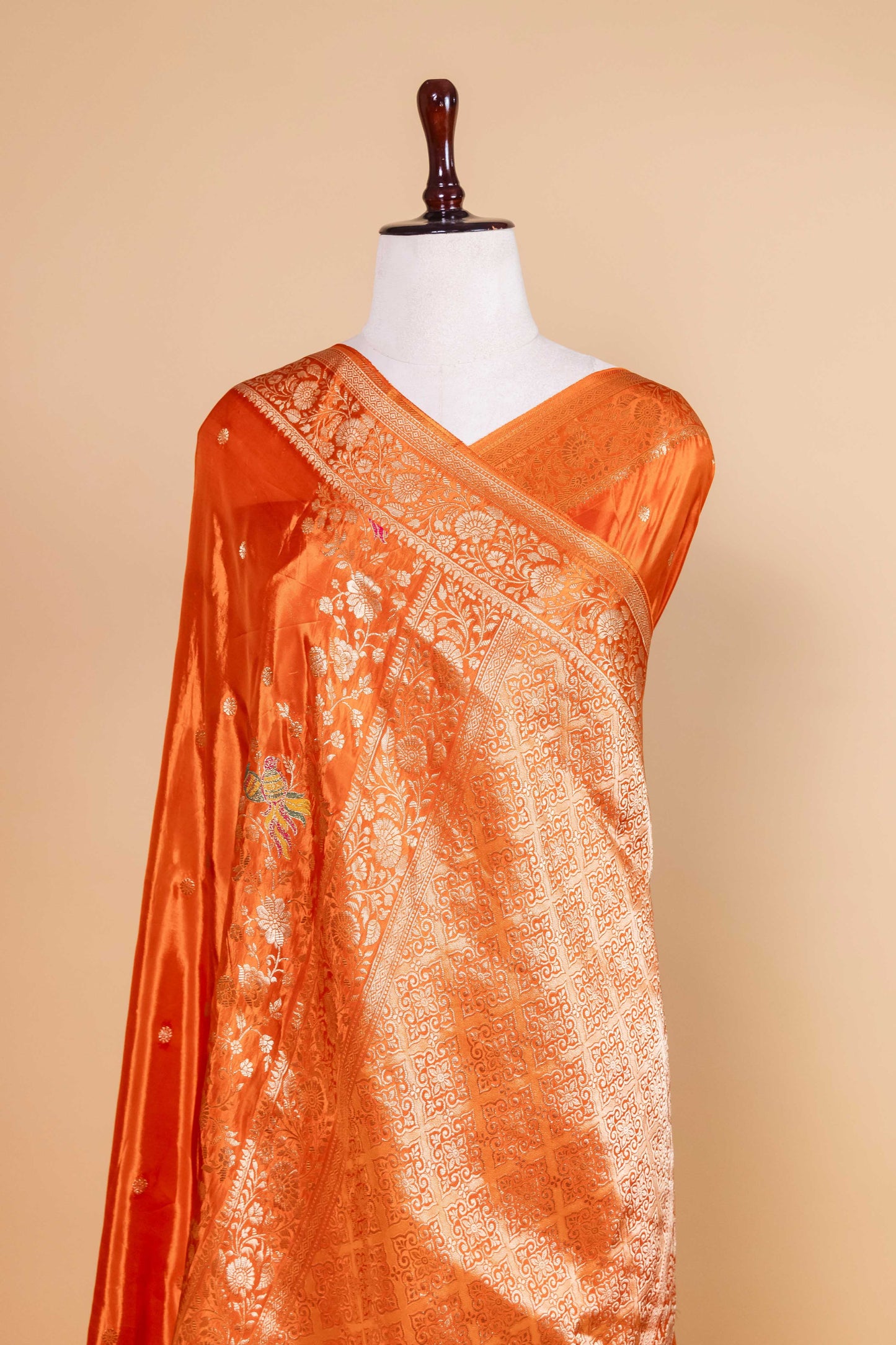 Saffron Bird Motif Fancy Silk Saree