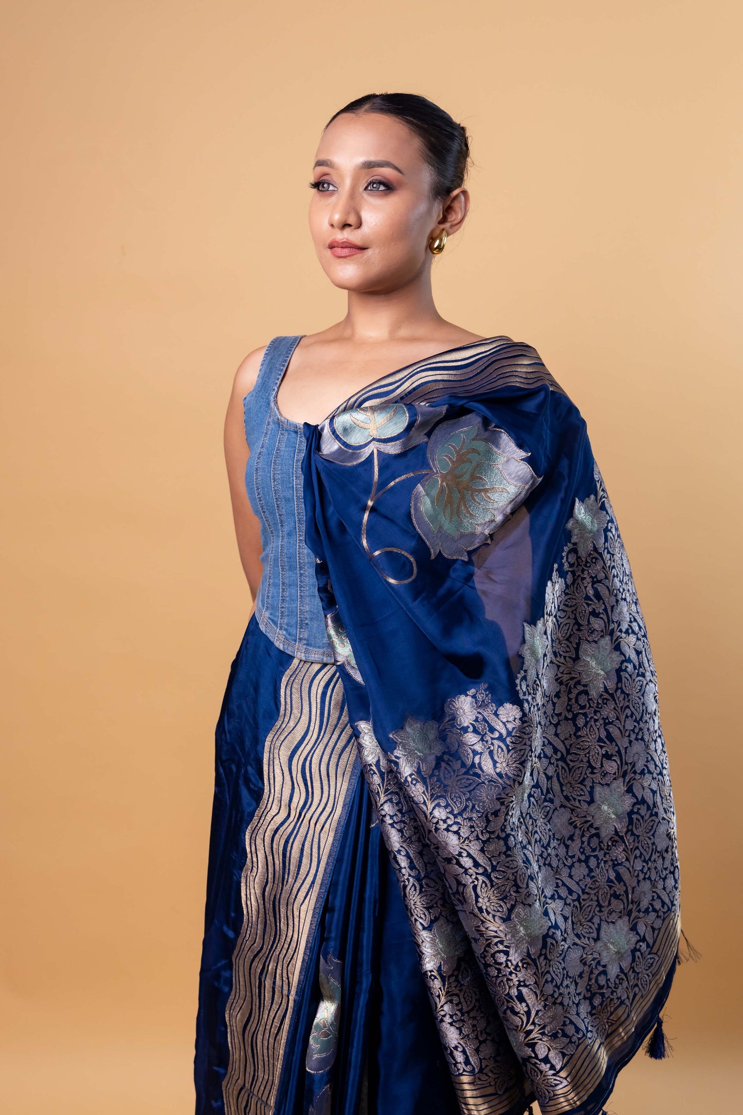German Blue Floral Weaving Silk Saree
