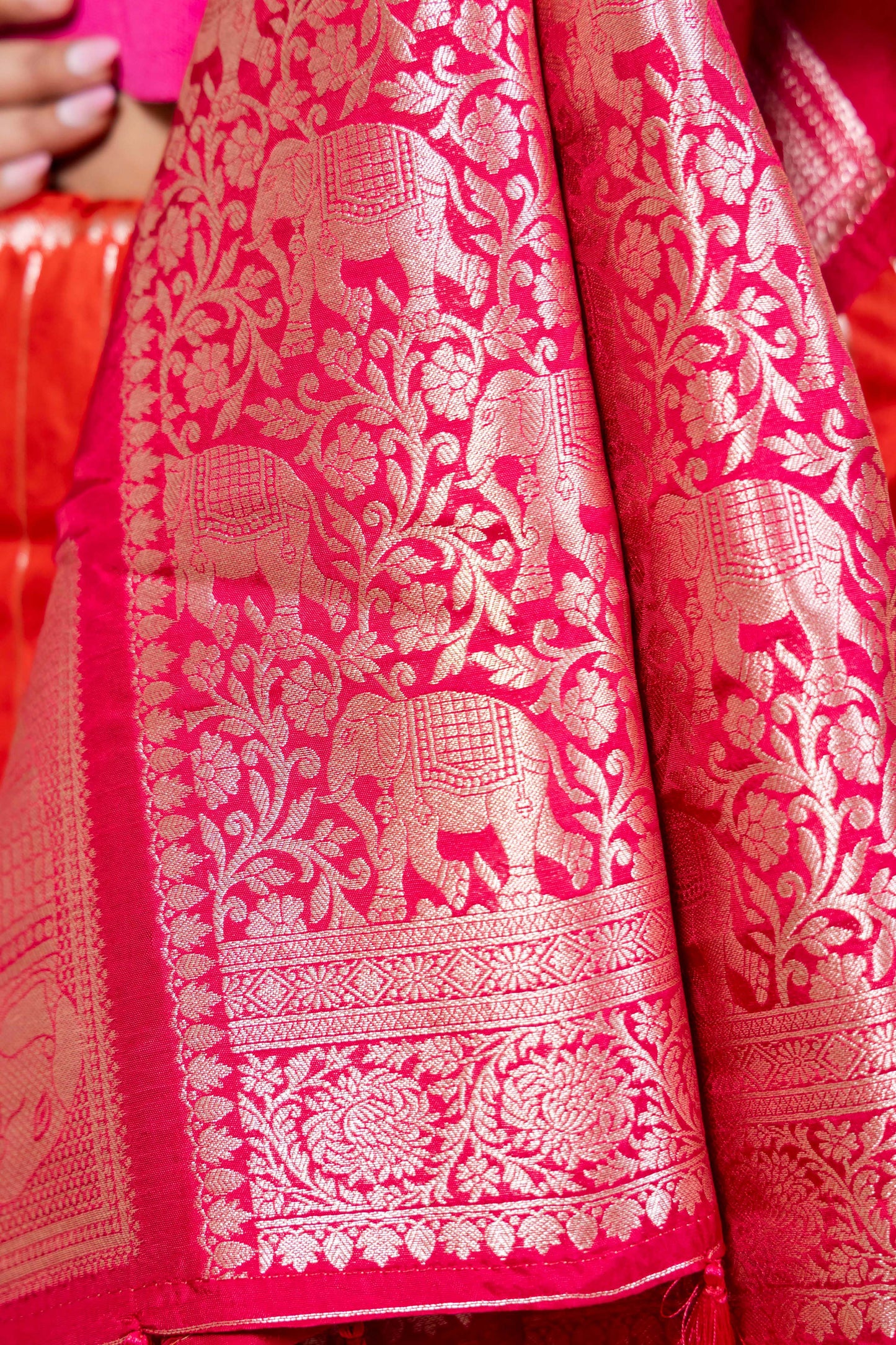 Orange & Rani Elephant Weaving Silk Saree
