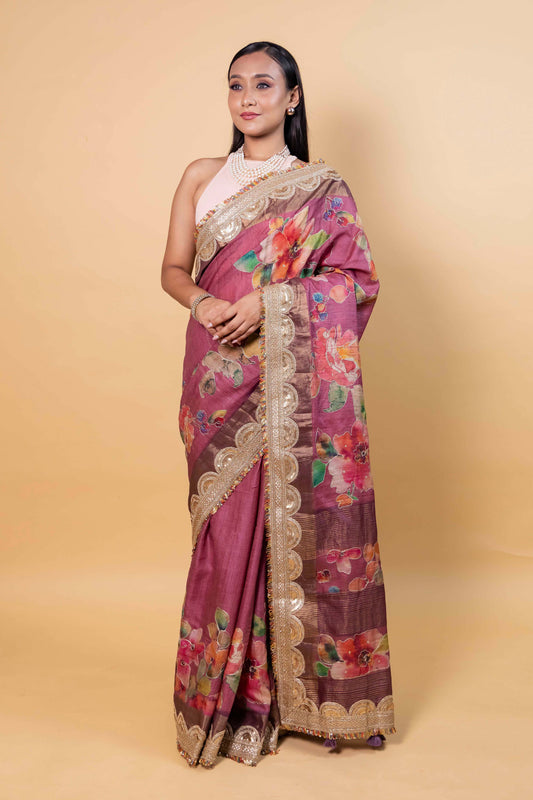 Onion Pink Floral Embellished Tussar Silk Saree