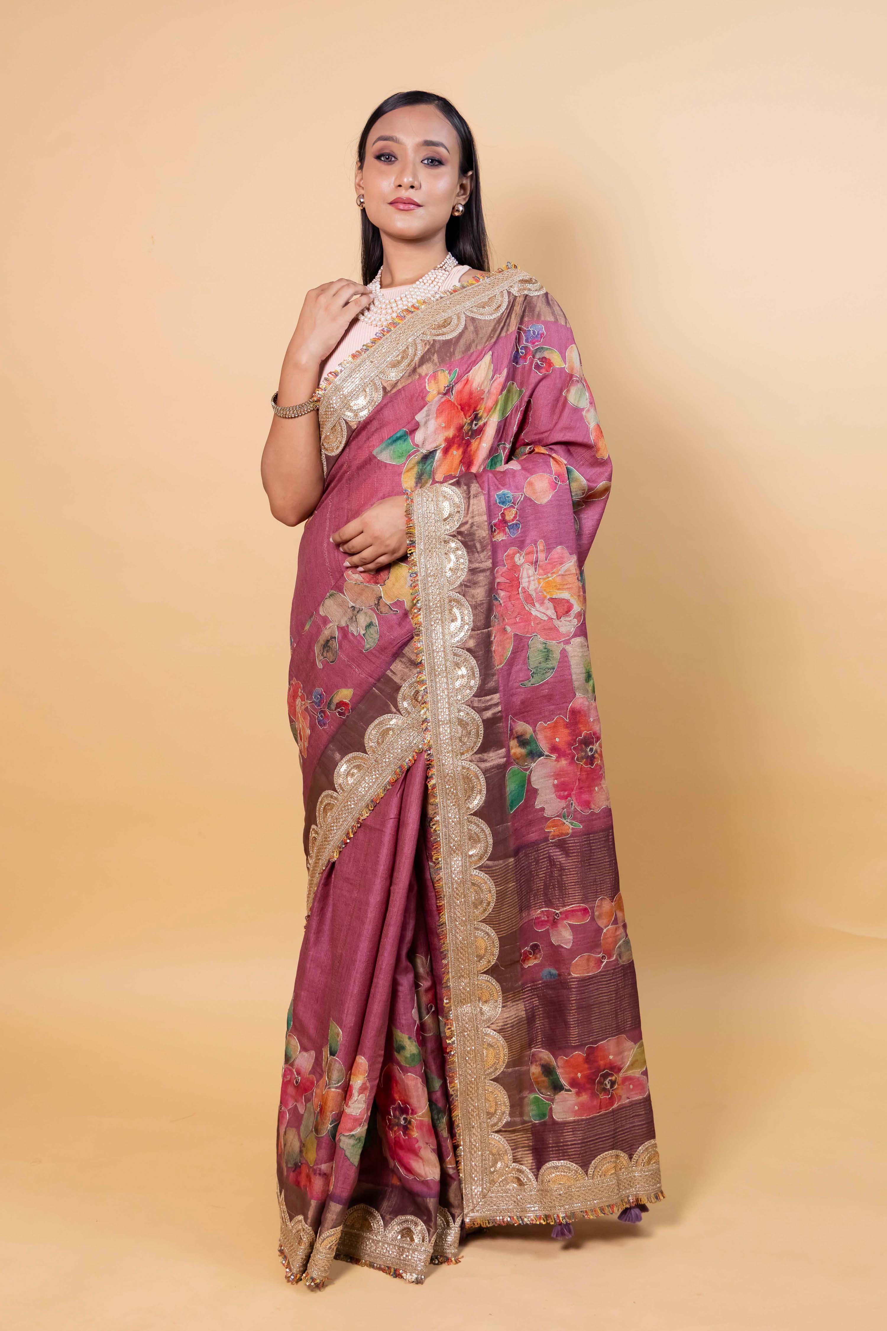 Onion Pink Floral Embellished Tussar Silk Saree