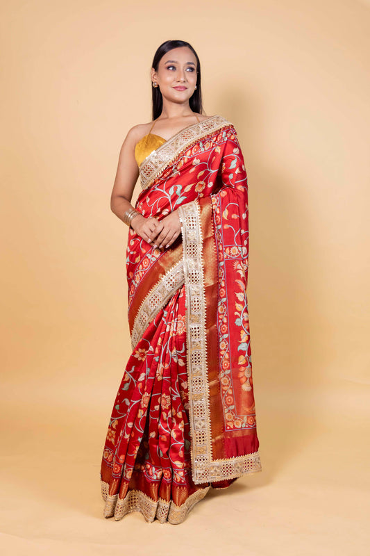 Red Floral Print Chiniya Silk Saree