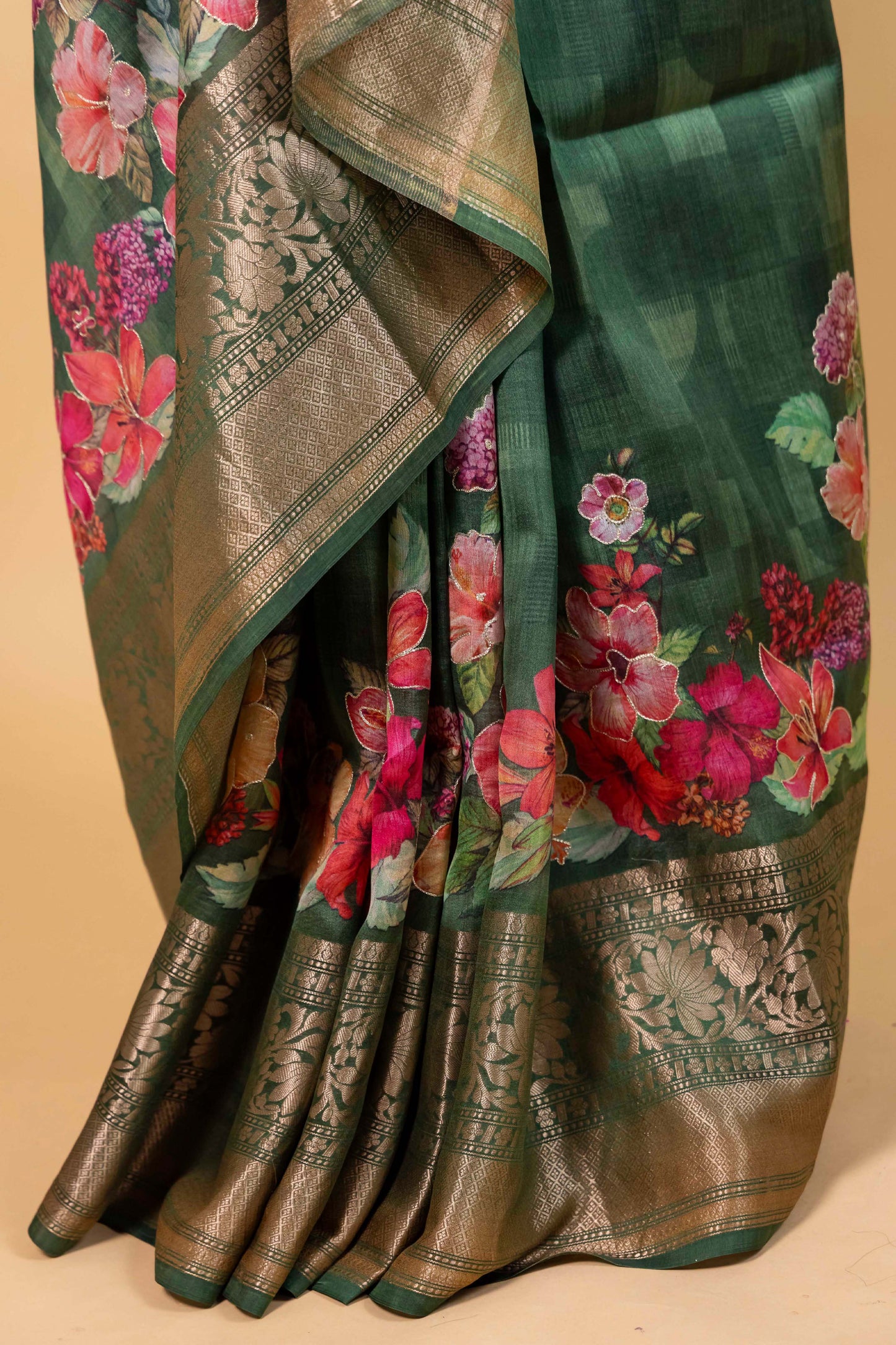 Green Embellished Chiniya Silk Saree