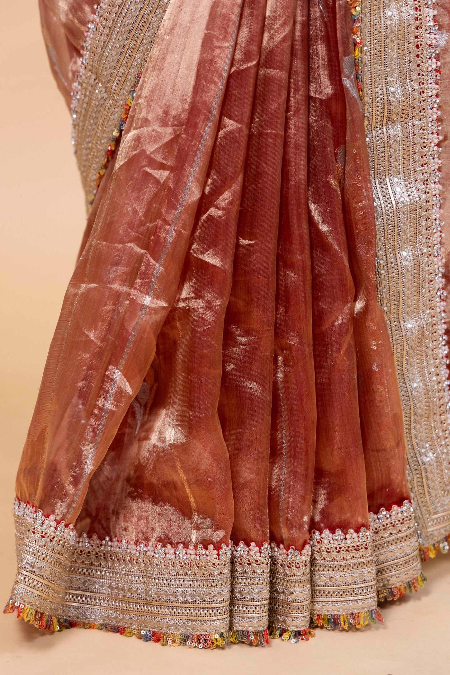 Rust Embroidered Lace Tissue Silk Saree