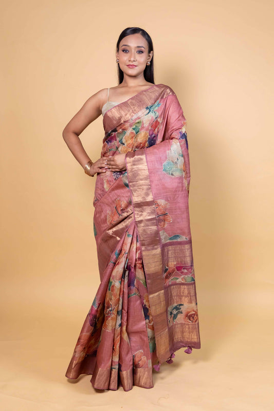 Onion Pink Embellished Tussar Silk Saree