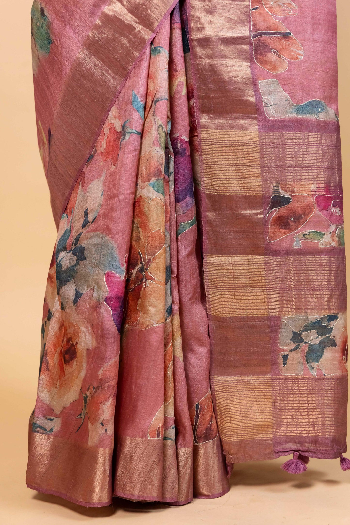 Onion Pink Embellished Tussar Silk Saree