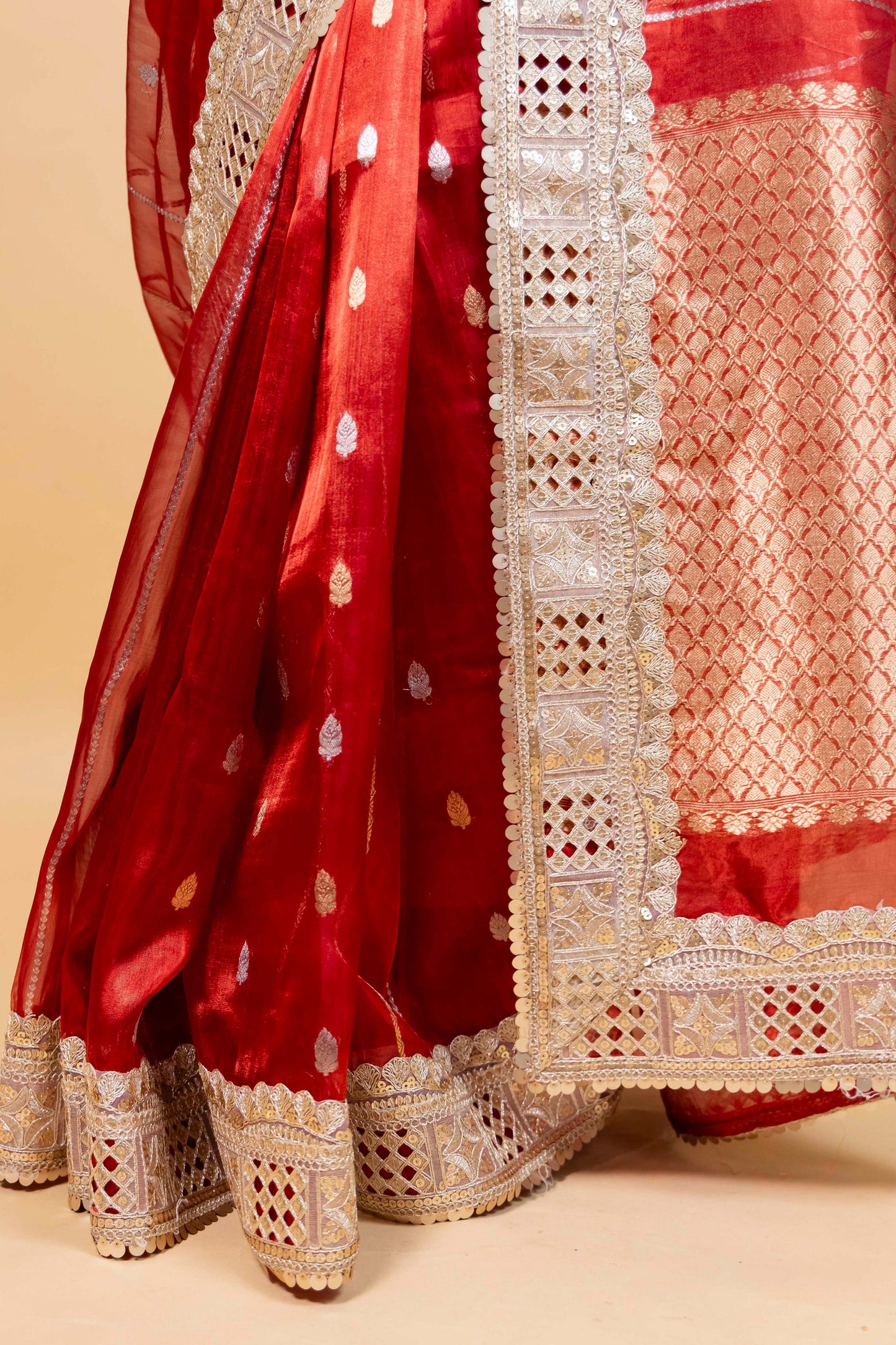 Red Cocktail Tissue Silk Saree