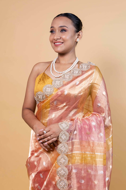 Onion Pink & Yellow Rangkat Tissue Silk Saree