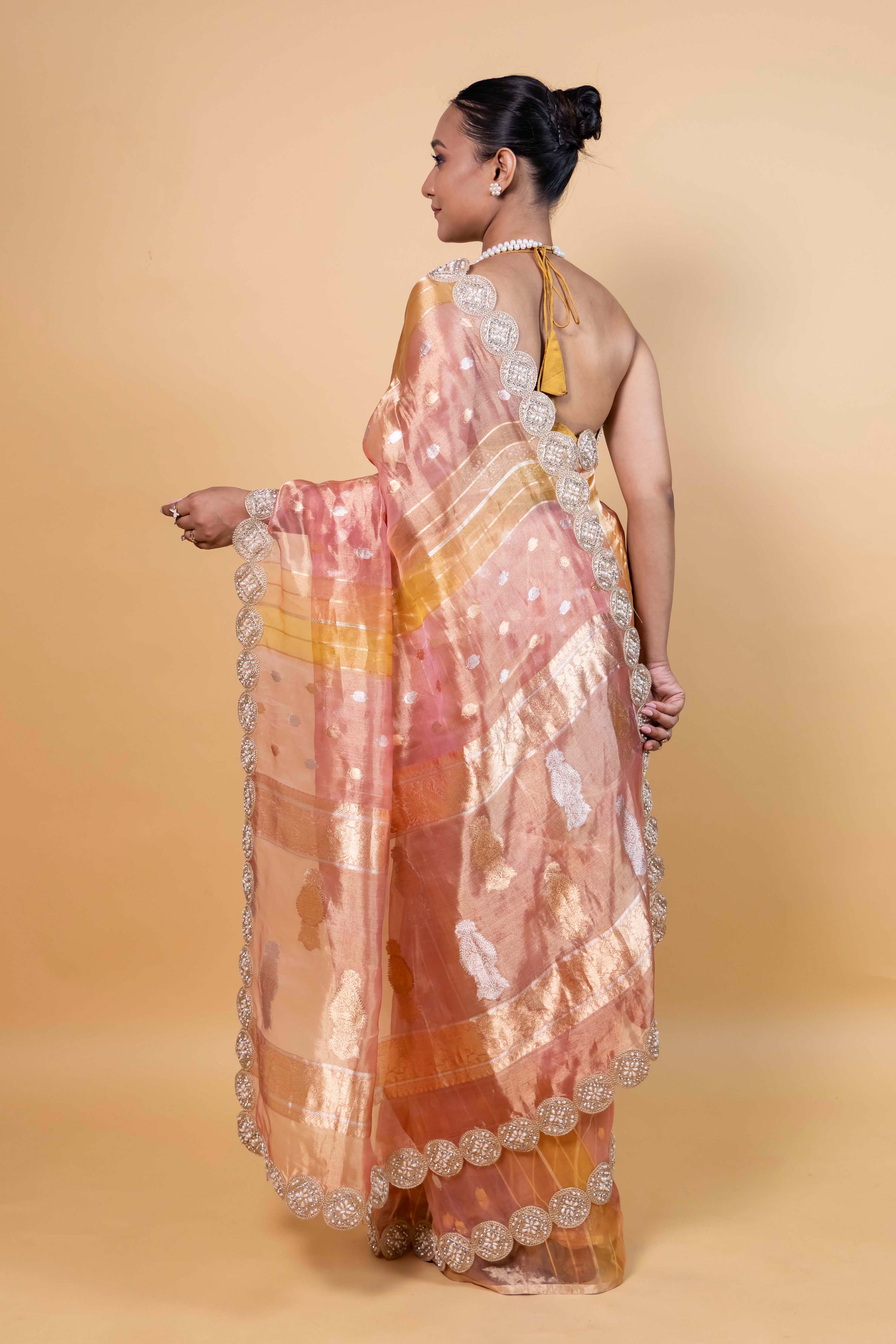Onion Pink & Yellow Rangkat Tissue Silk Saree