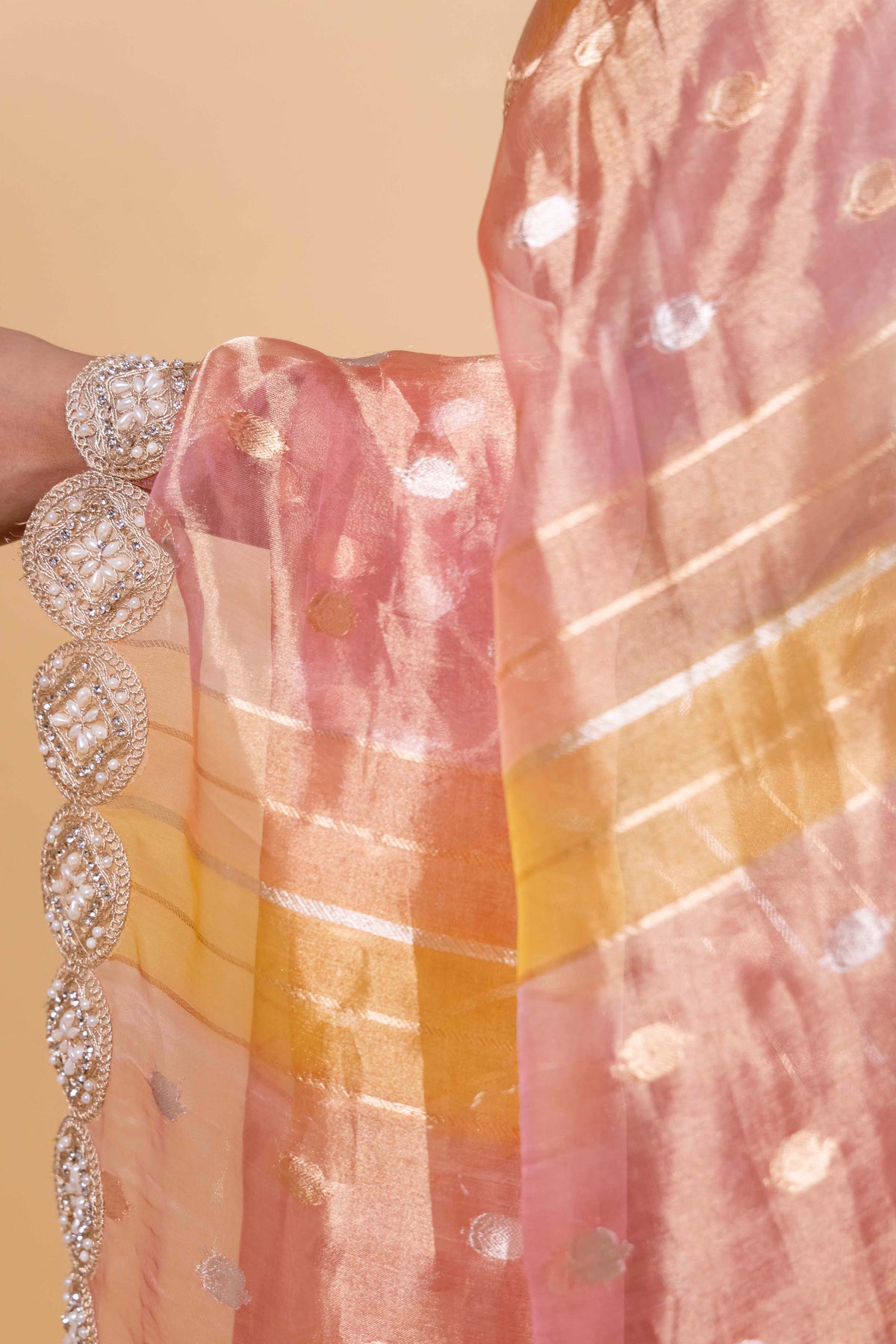 Onion Pink & Yellow Rangkat Tissue Silk Saree
